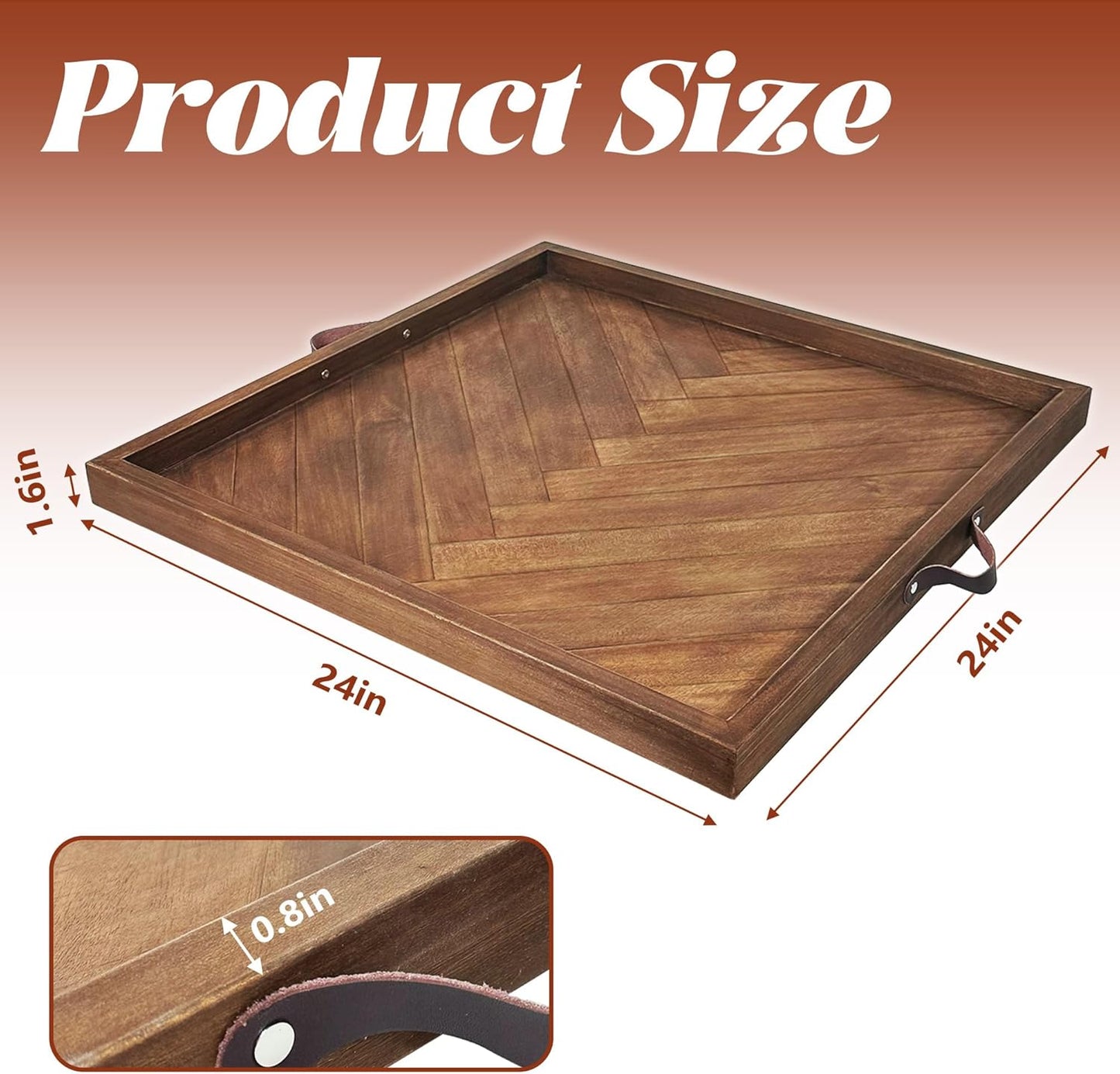 Tray for Ottoman 24 x 24 Inches, Square Ottoman Trays, Large Wooden Tray with Leather Handles, Food Serving Trays for Dinner, Breakfast, Snacks