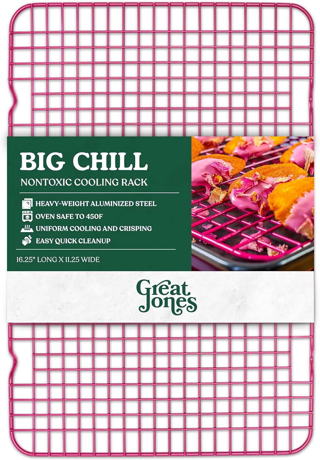 Great Jones Big Chill Wire Cooling Rack (Raspberry) – 16.25" × 11.25" Heavy-Weight Aluminized Steel,Nonstick Baking Rack – Oven Safe 450 °F, Bacon & Cookie Cooling Rack – Fits Half Sheet Pans