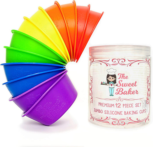 | Professional Jumbo Silicone Baking Cups | Premium 12 Piece Set | Reusable Cupcake Muffin Pans | BPA Free