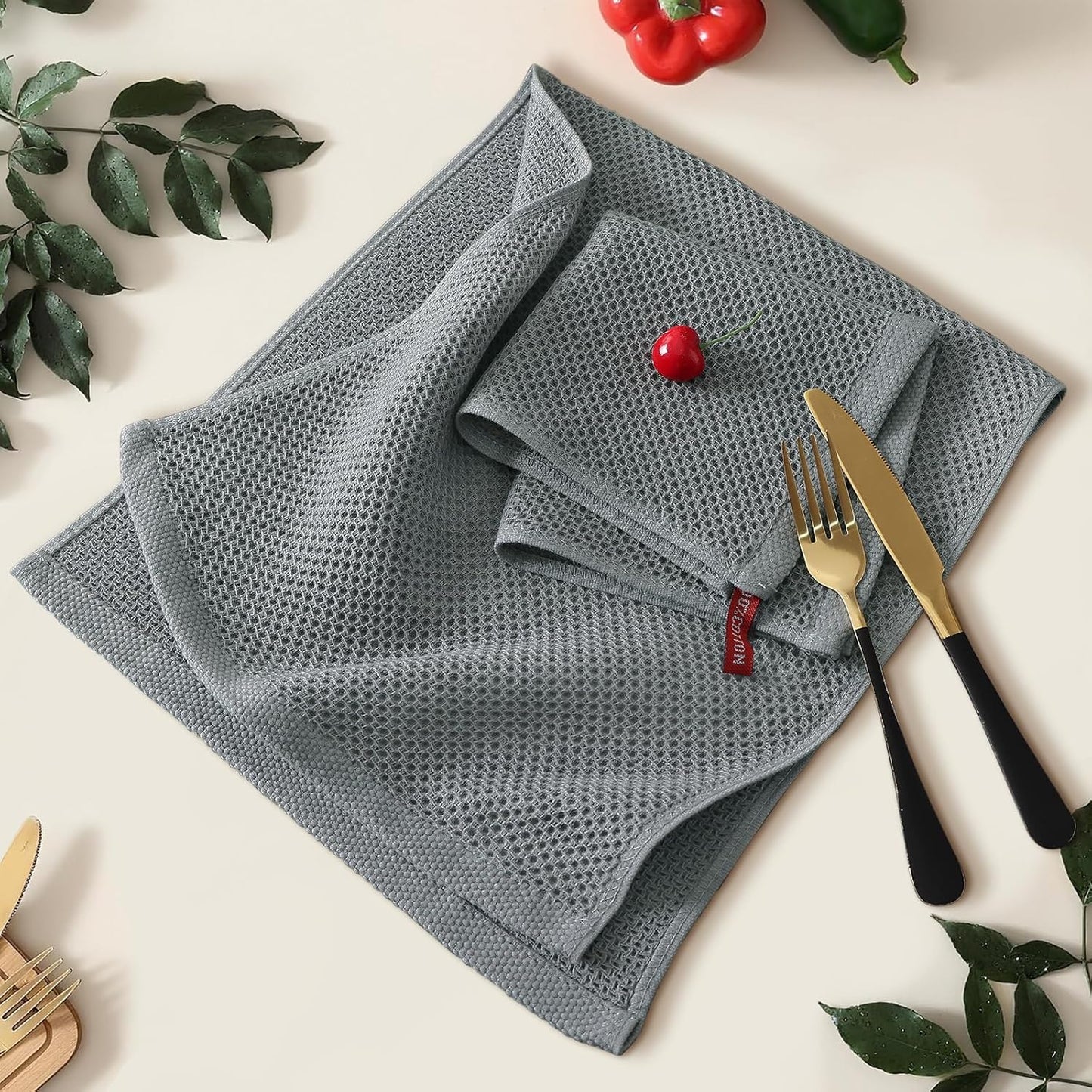 Kitinjoy 100% Cotton Waffle Weave Kitchen Towels (13 X 28 Inches, Grey), 4-Pack Super Soft and Absorbent Dish Towel for Drying Dishes, Kitchen Hand Towels