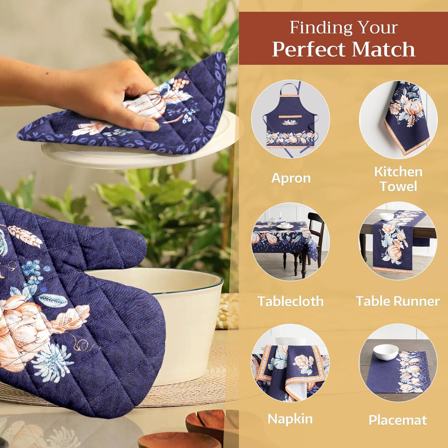 Maison d' Hermine Pot Holders 100% Cotton Heat Resistant Potholders 8" x 8" Hot Pads with Loop BBQ, Cooking, Baking, Grilling, Kitchen, Handling Hot Pans (Pack of 1, Pumpkin Blues)