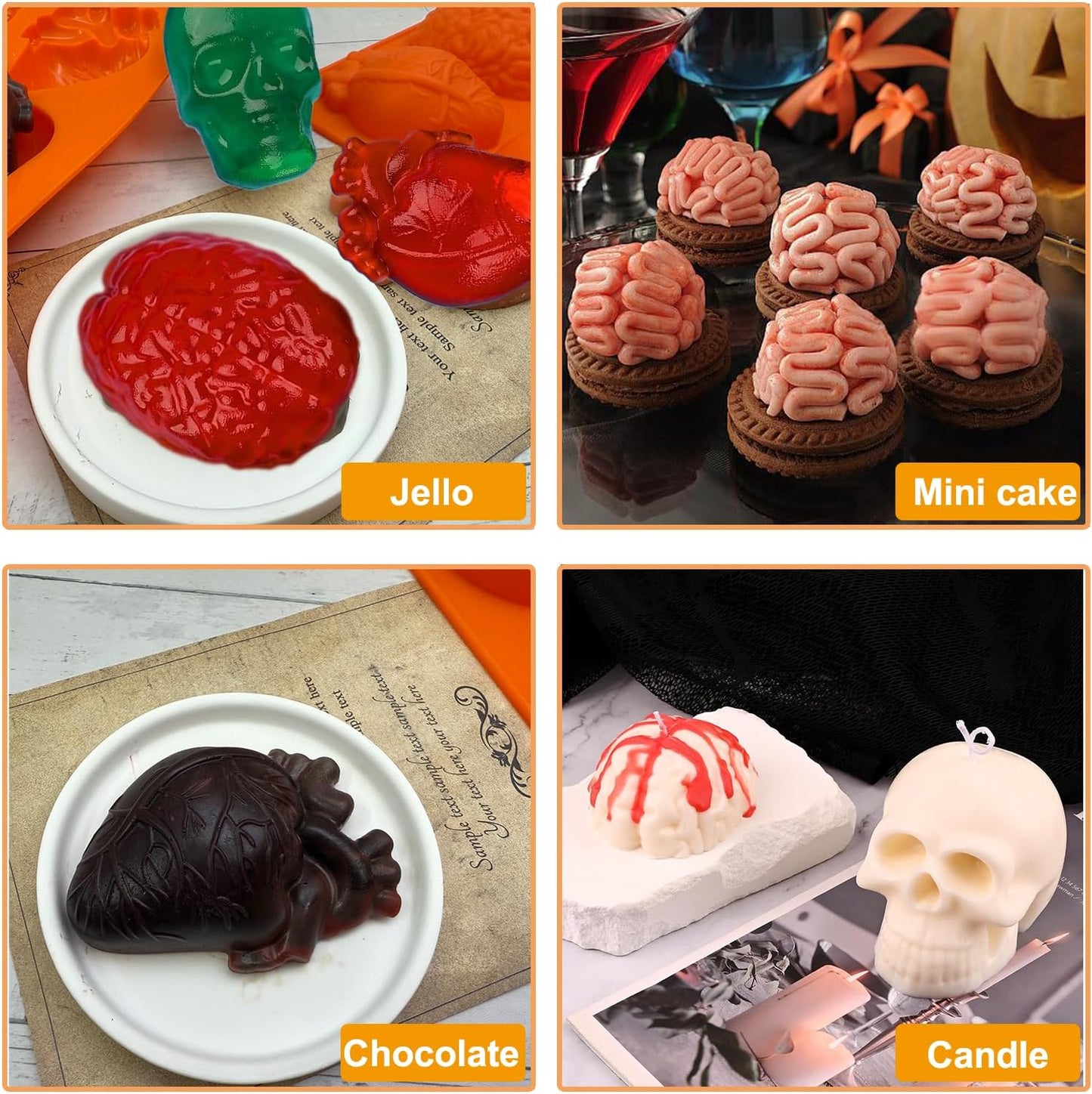 2 Pack Brain Heart Skull Cake Mold, 3D Human Organ Brain Jello Mold Halloween Silicone Molds Heart Skull Brain Chocolate Mold for Halloween Baking Mini Cakes Soap Candle Muffin Pudding Dessert