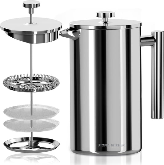 Utopia Kitchen French Press Coffee Maker, Double Wall Insulated Stainless Steel Coffee Press with 4-Level Filtration system, Includes 2 Extra Filters, Rust-Free, Dishwasher Safe (Silver, 17 Ounce)
