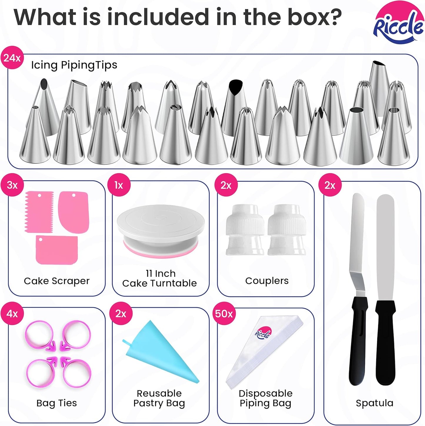 Riccle 88 pcs Cake Decorating Kit with Pink Cake Turntable - Includes 50 Disposable + 2 Reusable Piping Bags and Tips Set, 24 Icing Piping Tips, 2 Spatulas, 3 Icing Comb Scraper, Baking Supplies