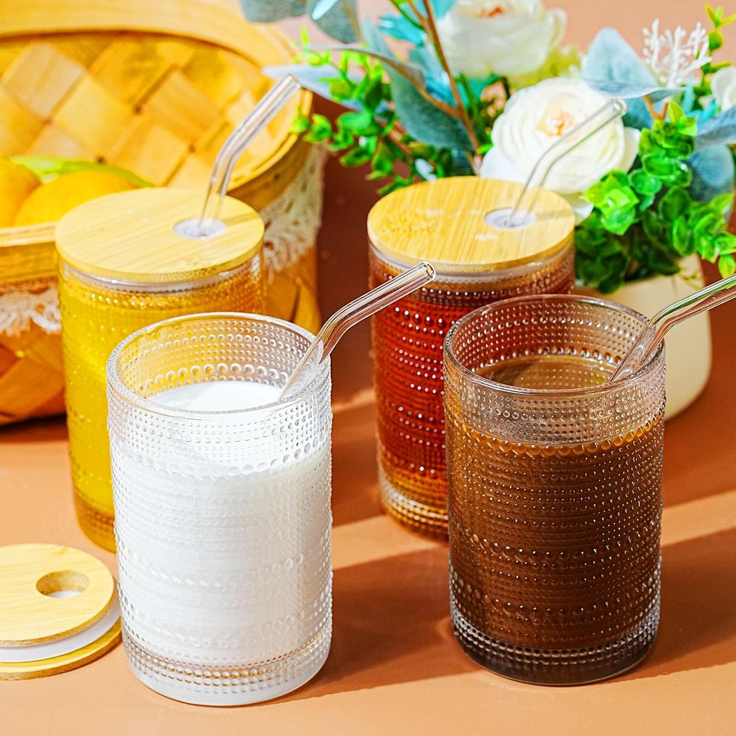 15 Oz Glass Cups with Lids and Straws, Vintage Embossed Glassware for Whiskey Cocktail Beer, Iced Coffee Cup with Lid (4 PACK)
