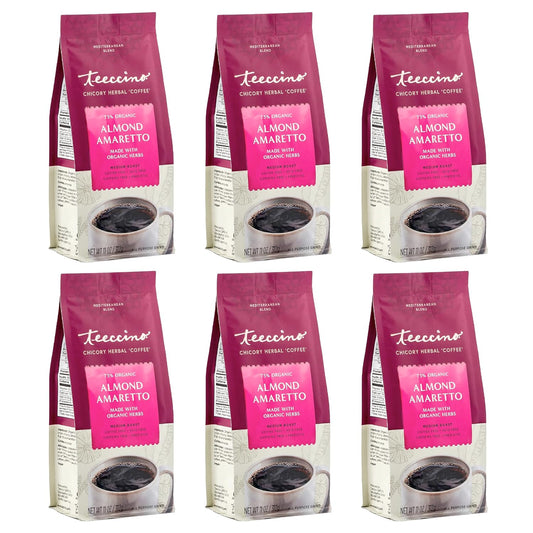 Teeccino Almond Amaretto Chicory Coffee Alternative - Ground Herbal Coffee That’s Prebiotic, Caffeine Free & Acid Free, Medium Roast, 11 Ounce (Pack of 6)