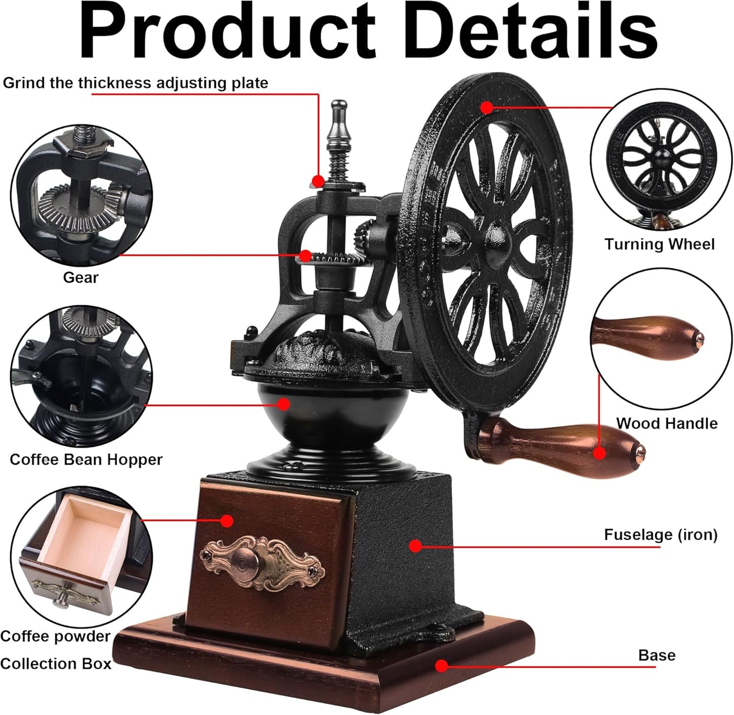 Vintage Manual Coffee Grinder with Cast Iron Wheel, Wood Handle, Carbon Steel Grinding Core, Black and Brown, 10.63x5.71 Inch