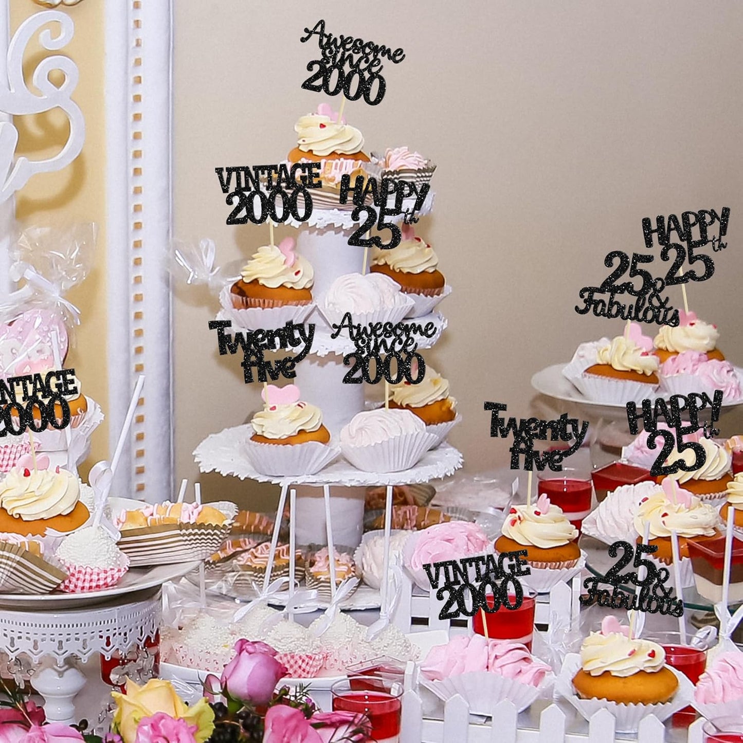 Gyufise 30Pcs Vintage 2000 Cupcake Toppers Glitter 25th Birthday Cake Decorations - Black