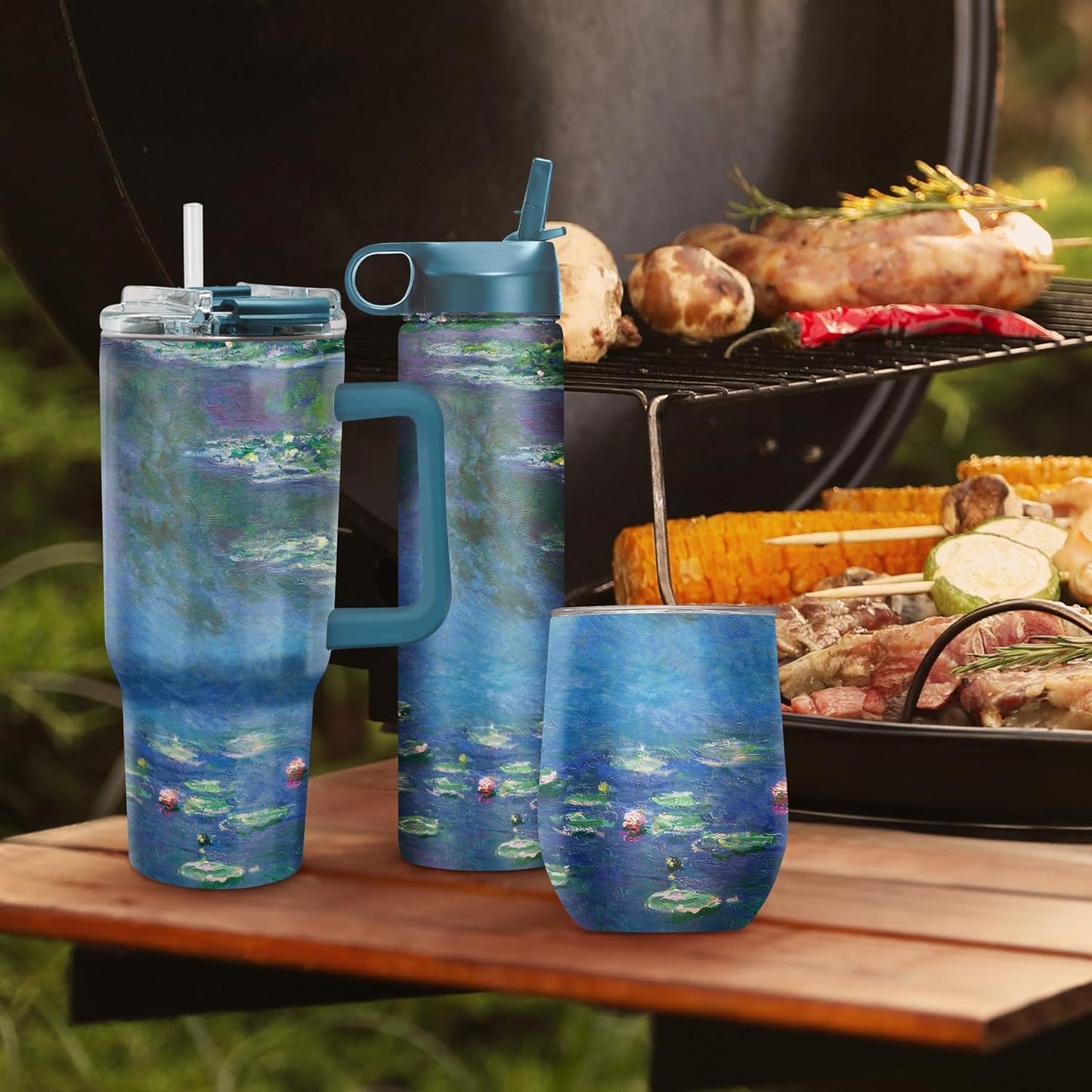 RainCaper 18/8 Stainless Steel Insulated Water Tumbler with Straw | 30oz, BPA-Free, Double Wall for Hot & Cold | Travel-Friendly, Cup Holder Ready (Monet Water Lilies)