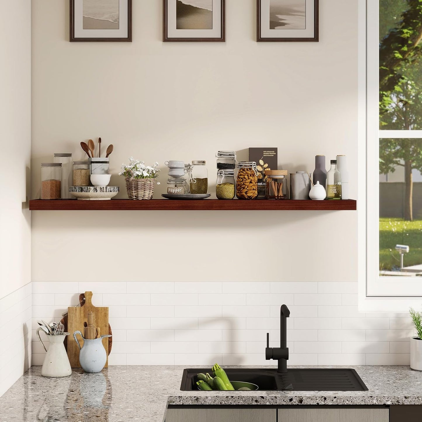 Fun Memories Rustic Real Wood Floating Shelves, 8 Inch Deep Floating Shelf Wall Mounted, 48" W x 8" D Wall Shelves Storage Shelves for Living Room, Bedroom, Bathroom, Red Brown, Set of 1