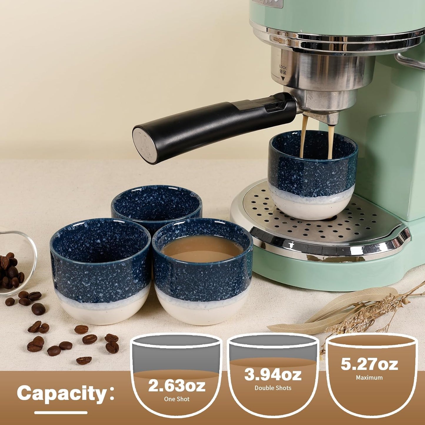 Ceramic Espresso Cups Set of 4, Double Walled Espresso Coffee Mugs for Nespresso Cups, Special glazed Demitasse Cups Coffee Cup for Machine (Blue)