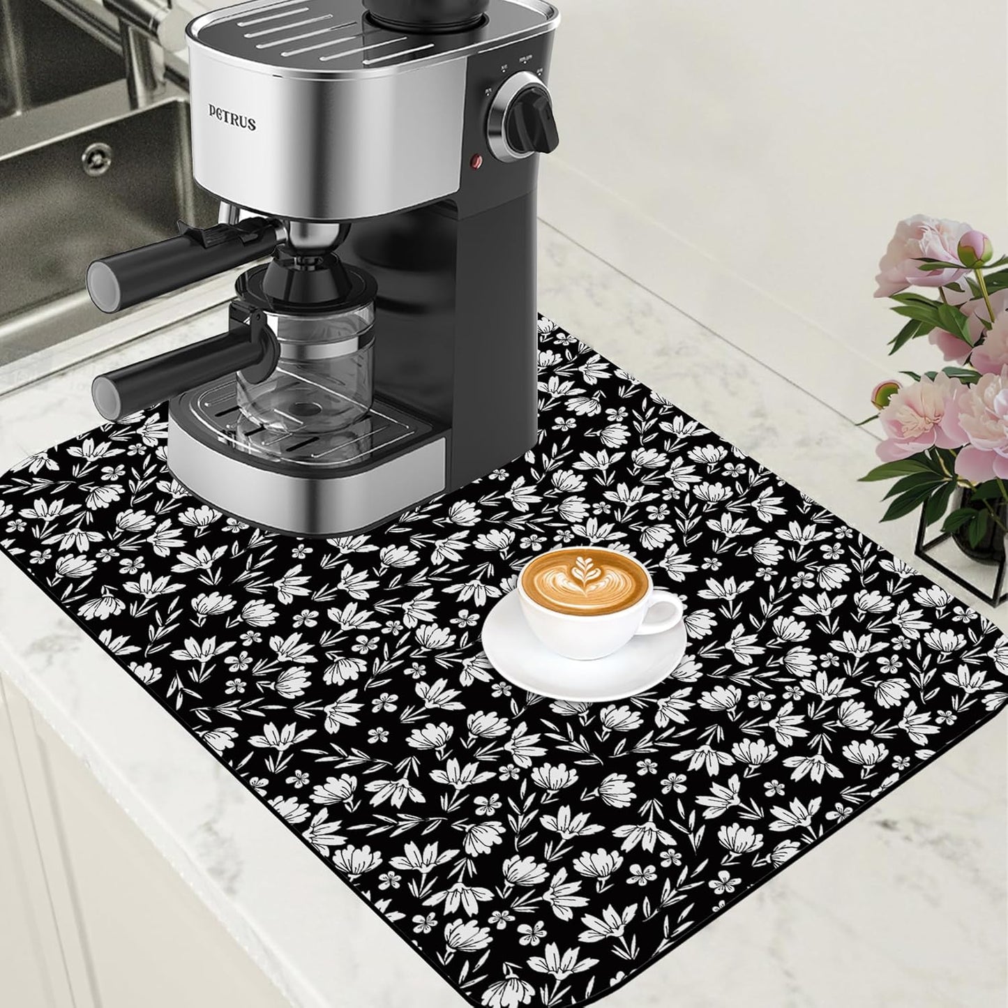 Black and White Flowers Dish Drying Mat for Kitchen Counter Coffee Bar Mat Hide Stain Absorbent Rubber Backed Drying Rack Pad Espresso Machine Coffee Table Accessories 15.7 x 23.6 Inch