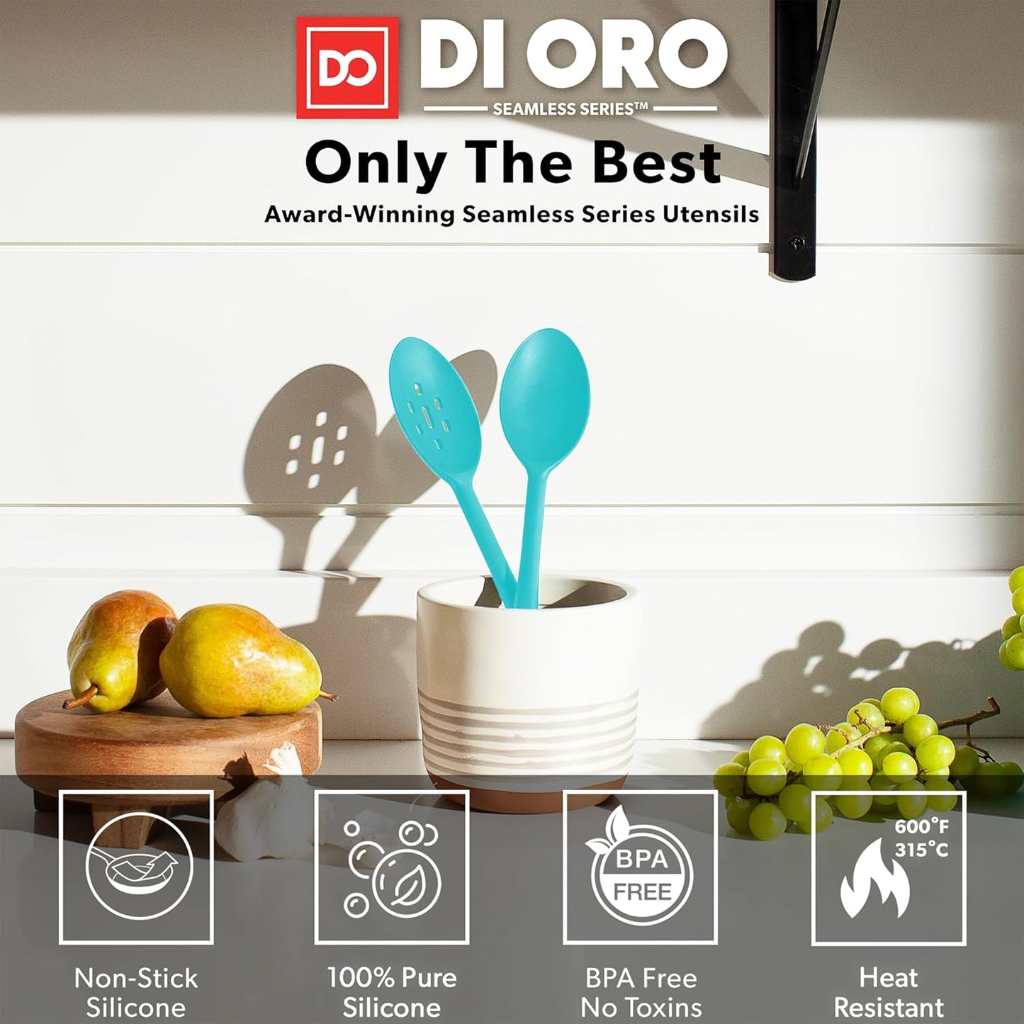DI ORO Silicone Cooking Spoons - Large Mixing, Serving & Stirring - 600F Heat-Resistant Non-Stick - Big Solid & Slotted Basting Spoons - Dishwasher Safe (2pc, Teal)