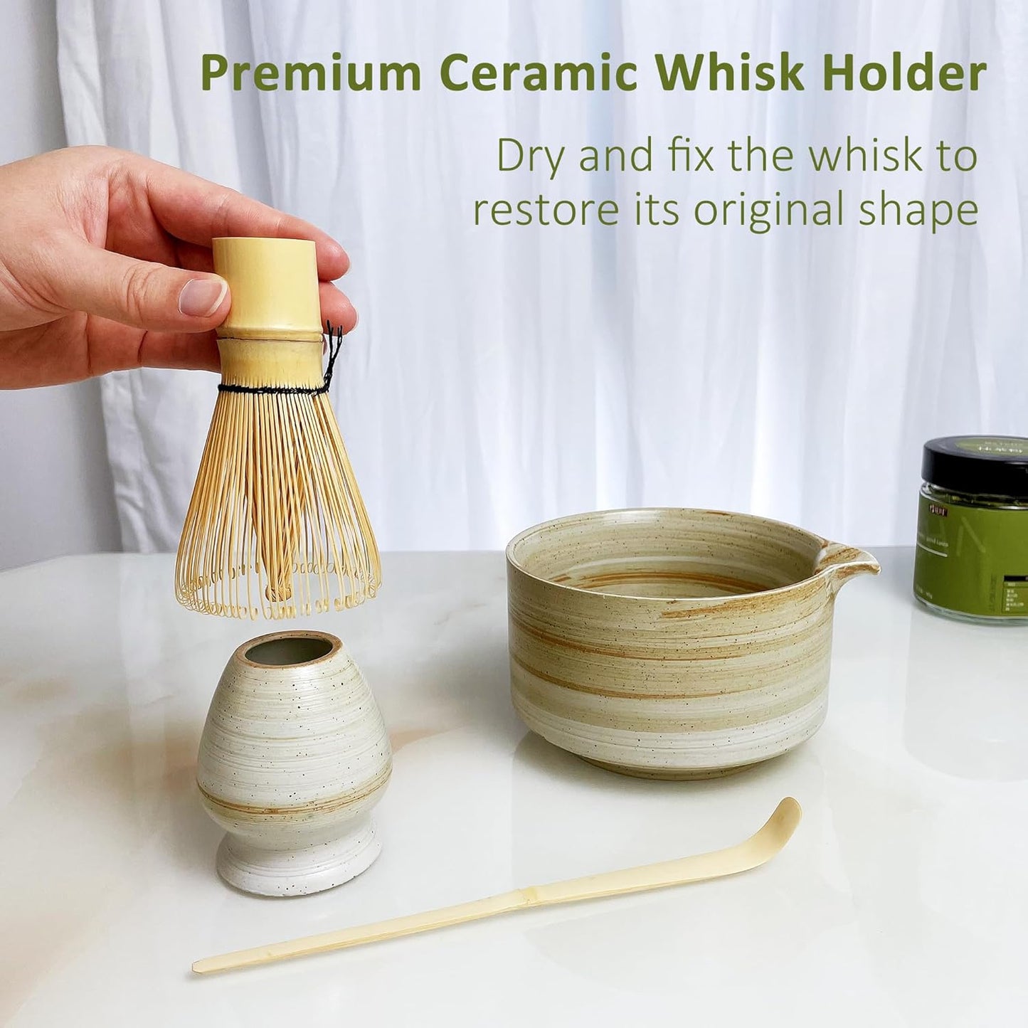 4pcs Matcha Set, Japanese Matcha Kit with Whisk, 17oz Ceramic Bowl with Spout, Whisk Holder & Bamboo Scoop for Starter, Tea Ceremony, Tea Lover, Gift