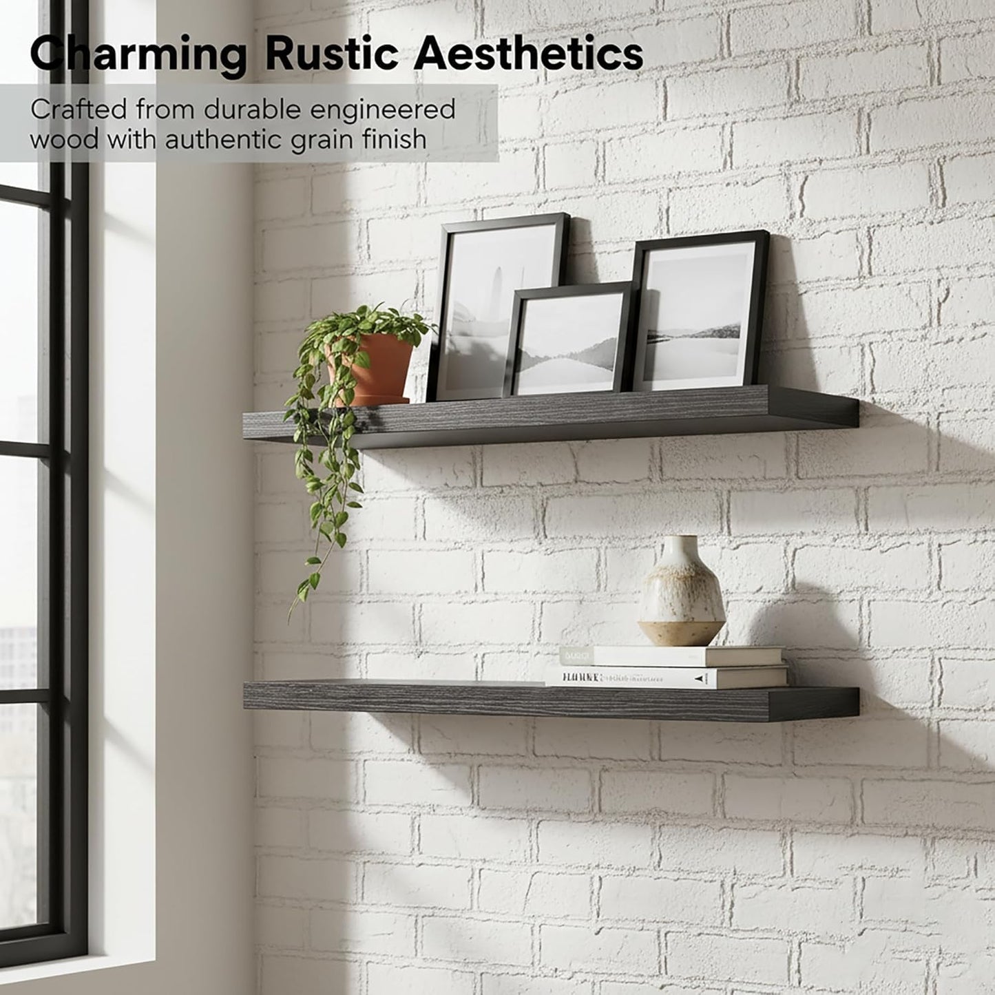 Lufia Floating Wall Shelves, Set of 2, MDF with Invisible Brackets, Modern Storage for Bedroom, Bathroom, Living Room, Kitchen (Black, 24" W x 7" D x 1.5" H)