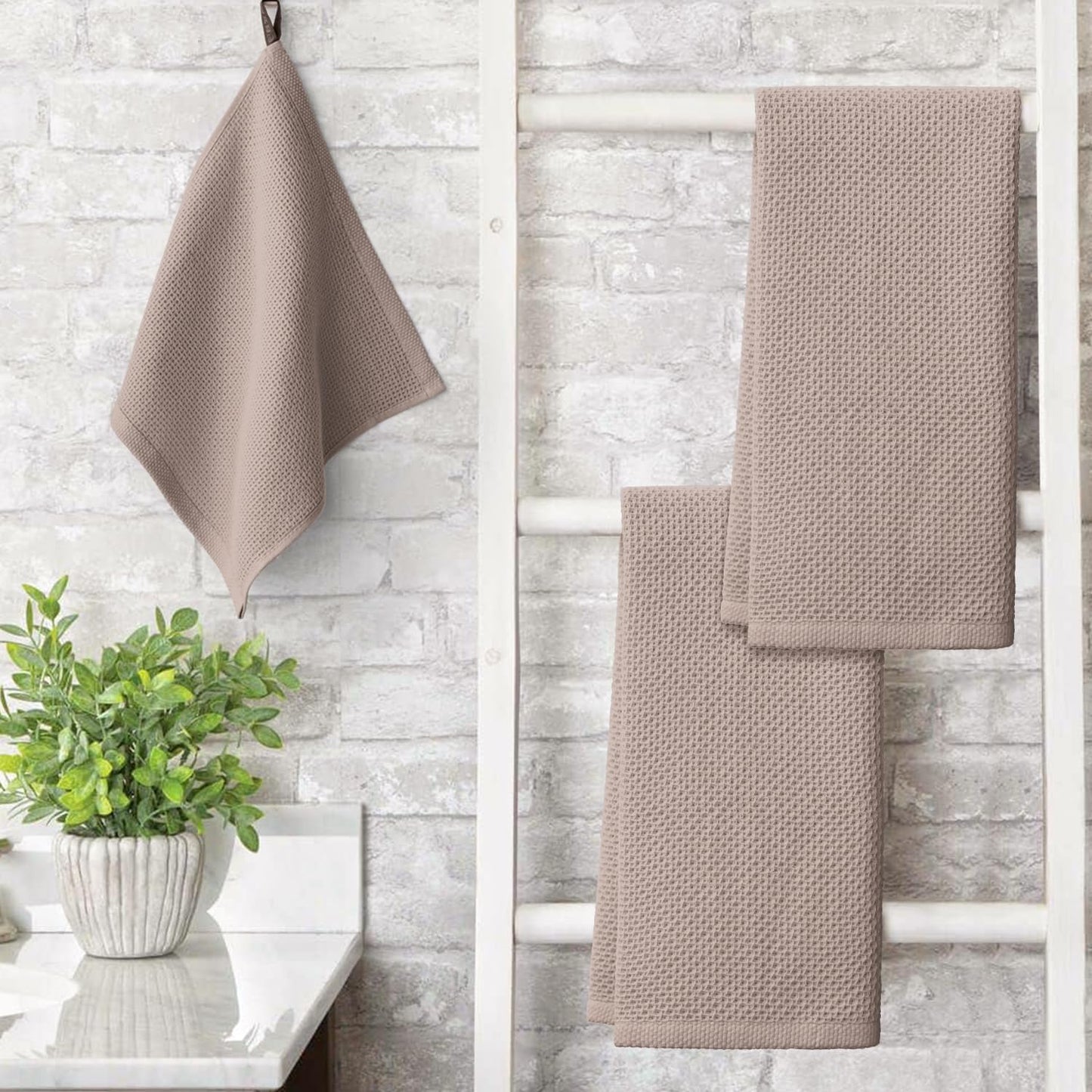 Artoid Mode 100% Cotton Brown Waffle Weave Kitchen Dish Cloths, 13x28 Inch Ultra Soft Absorbent Quick Drying Kitchen Dish Towels Set of 4