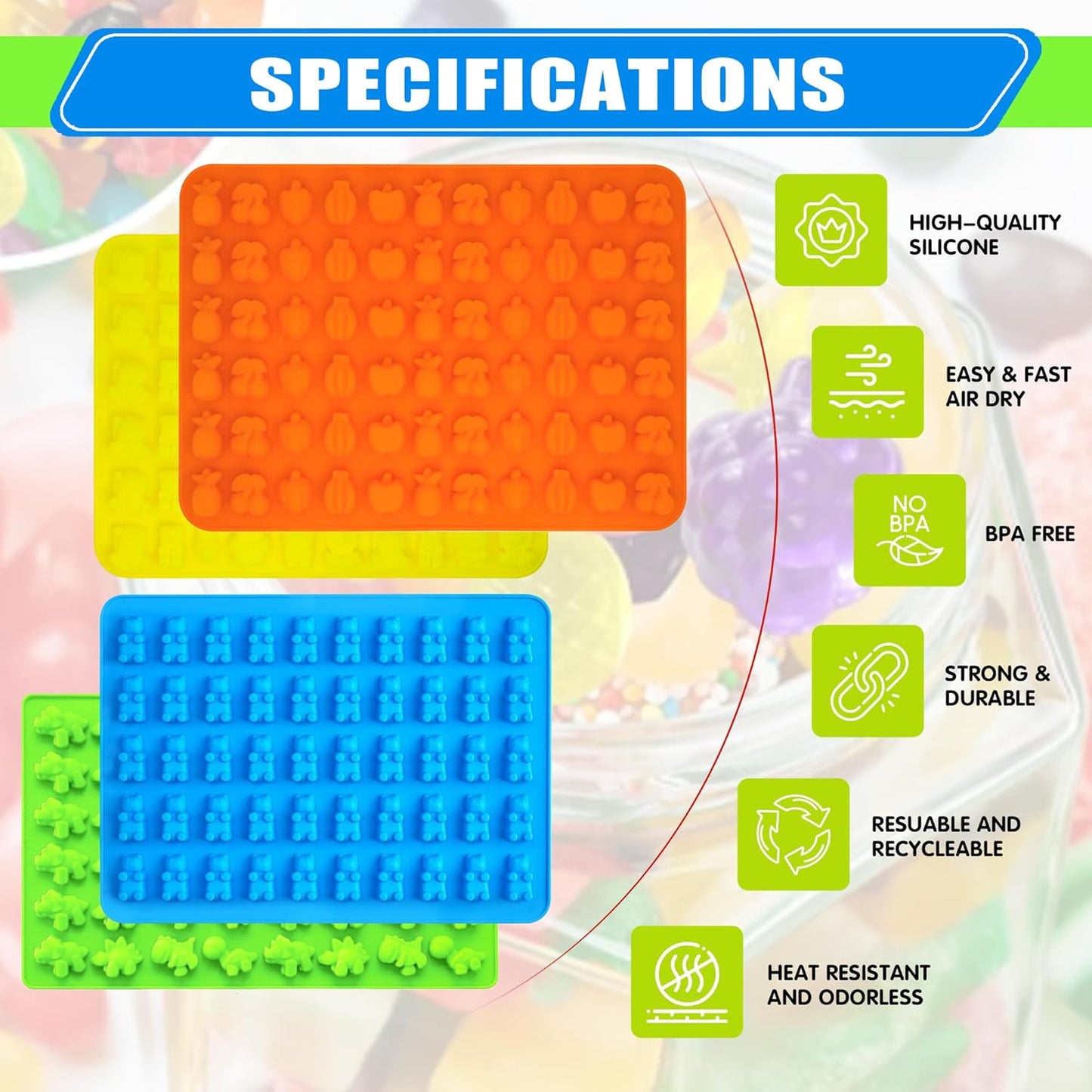 Silicone Gummy Molds Set of 4, Non-stick Candy Chocolate Molds with 2 Droppers 2 Clean Brush, Includes Dinosaur Bear Fruit Animal Shape