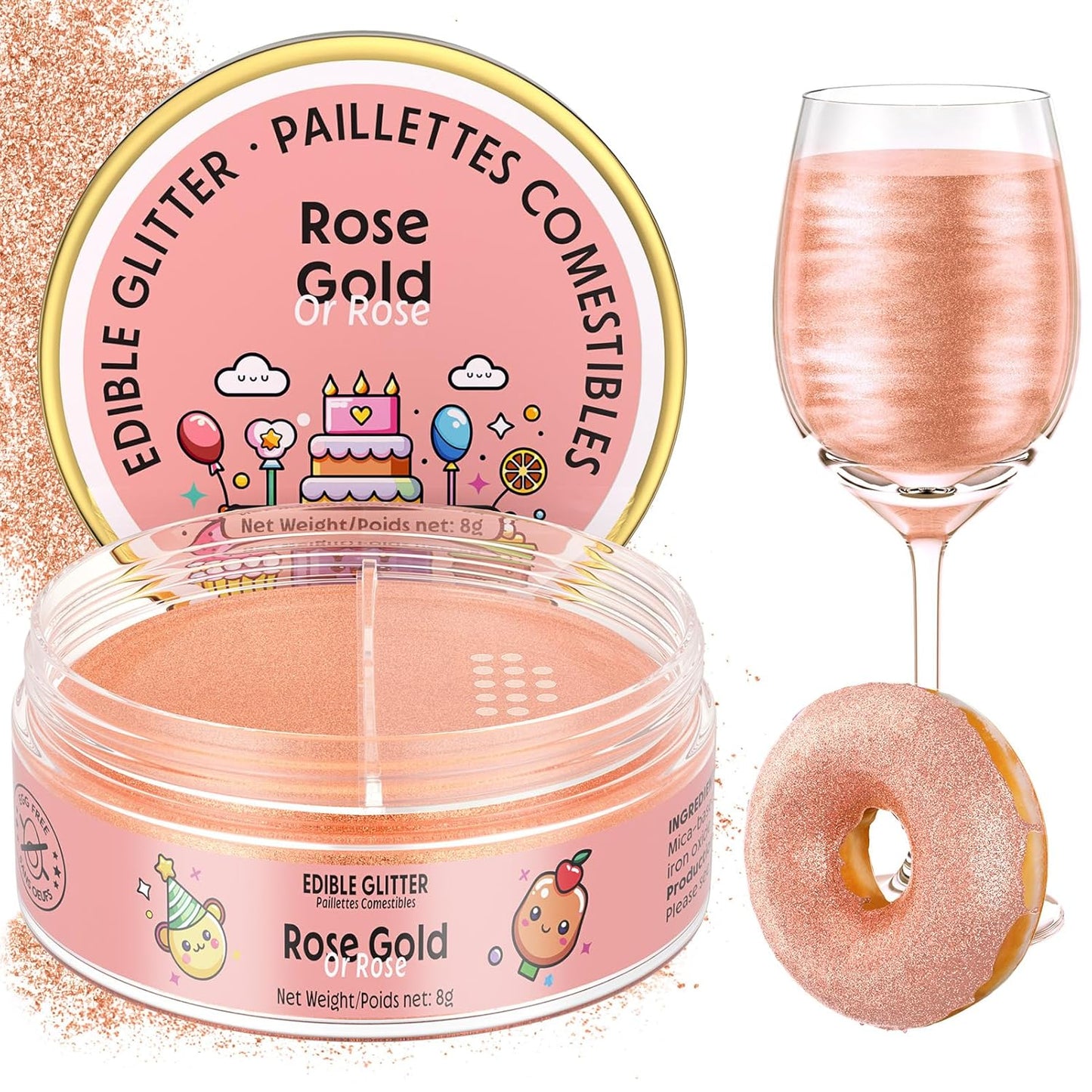 Nomeca Edible Glitter for Drinks Cakes, 8 grams Food Grade Luster Dust Sprinkles Glitter for Cake Decorations, DIY Cocktails, Beverages & Cake Decorating, Dessert Cake Topper (8-Rose Gold)