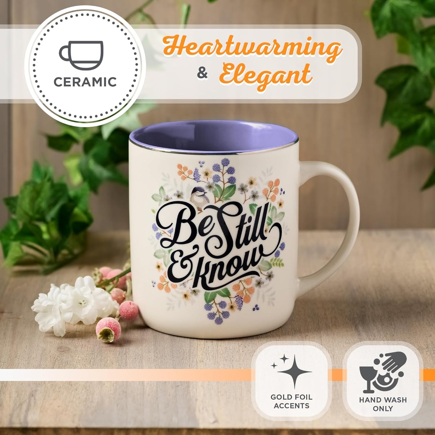 Christian Art Gifts Purple Ceramic Coffee Mug with Silver Rim – 14 oz. Lead & Cadmium-free Non-toxic Inspirational Scripture Coffee and Tea Mug for Women with Bible Verse: Be Still & Know –Psalm 46:10