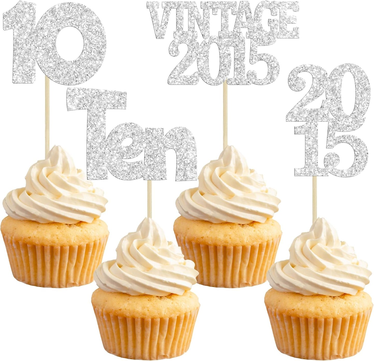 Gyufise 24Pcs 10th Birthday Cupcake Toppers Glitter Ten Vintage 2015 Hello 10 Years Birthday 10 Cupcake Picks Double Digits Cake Decorations for Happy 10th Birthday Anniversary Party Supplies Silver