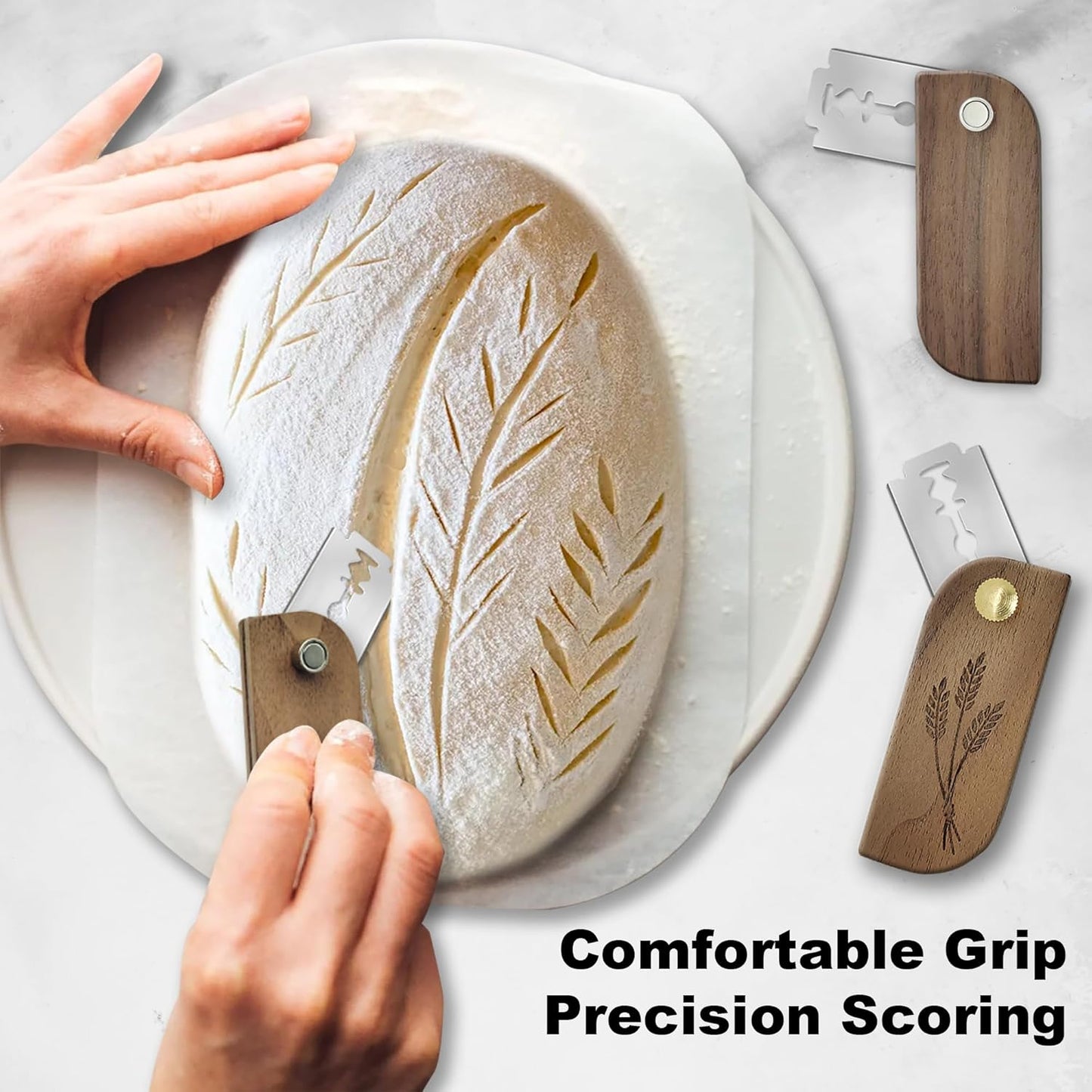Magnetic Bread Lame Sourdough Scoring Tool Easy Scoring Knife for Bread Baking Scorer Cutter for Homemade Slashing with 10 Razor Blades - Storage Bag Included - Ergonomic Handle - Black Walnut