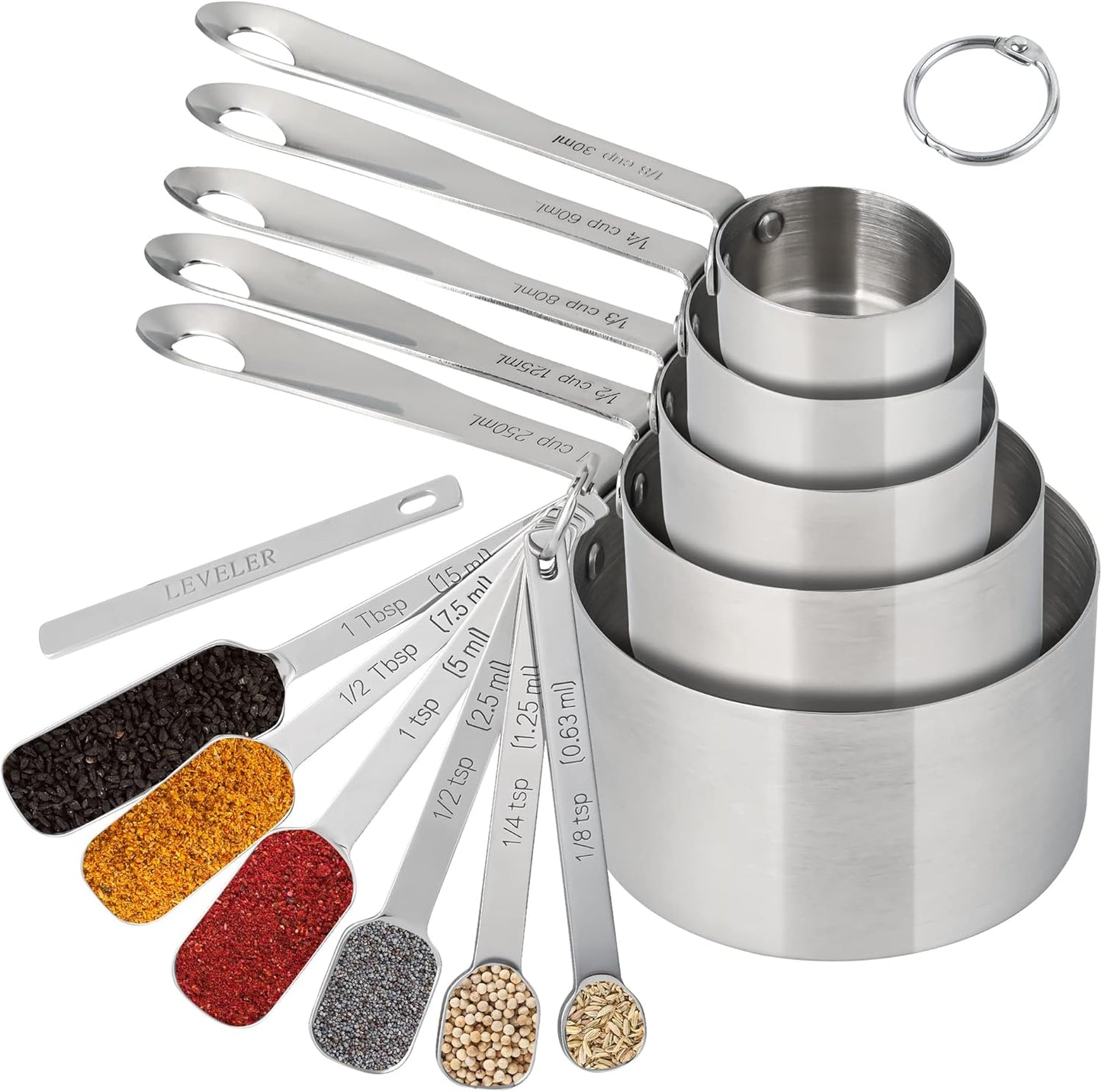 Measuring Cups and Spoons Set, 18/8 Stainless Steel Measuring Cups and Spoons Set for Kitchen & Baking, 5 MeasurE Cups &6 Long MeasurE Spoons&Leveler, Metric Measure Tools for Dry & Liquid