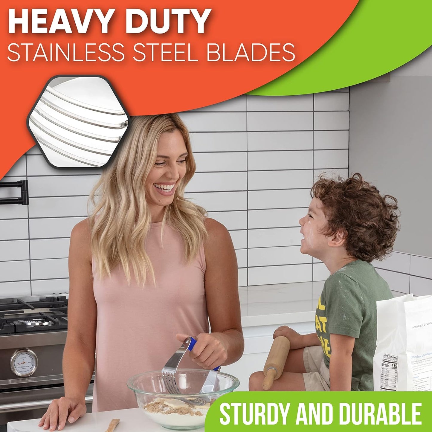 Spring Chef Large Dough Blender For Baking, Stainless Steel Puff Pastry Cutter Tool with Sharp & Thick Blades, Dishwasher Safe Dough Cutter Tool, Manual Pastry Blender for Easy Mixing - Sapphire