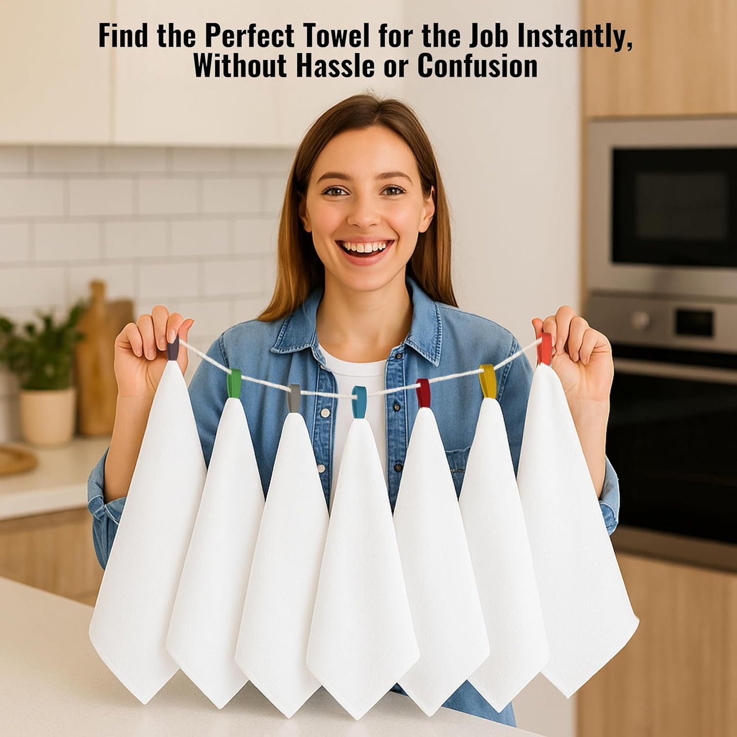 Premium Cotton Kitchen Towels Set of 7 – Ultra Absorbent & Soft Dish Towels with Color Hanging Loops – Quick Dry, Lint-Free Tea Towels for Cooking, Cleaning & Baking - 28" x 28"