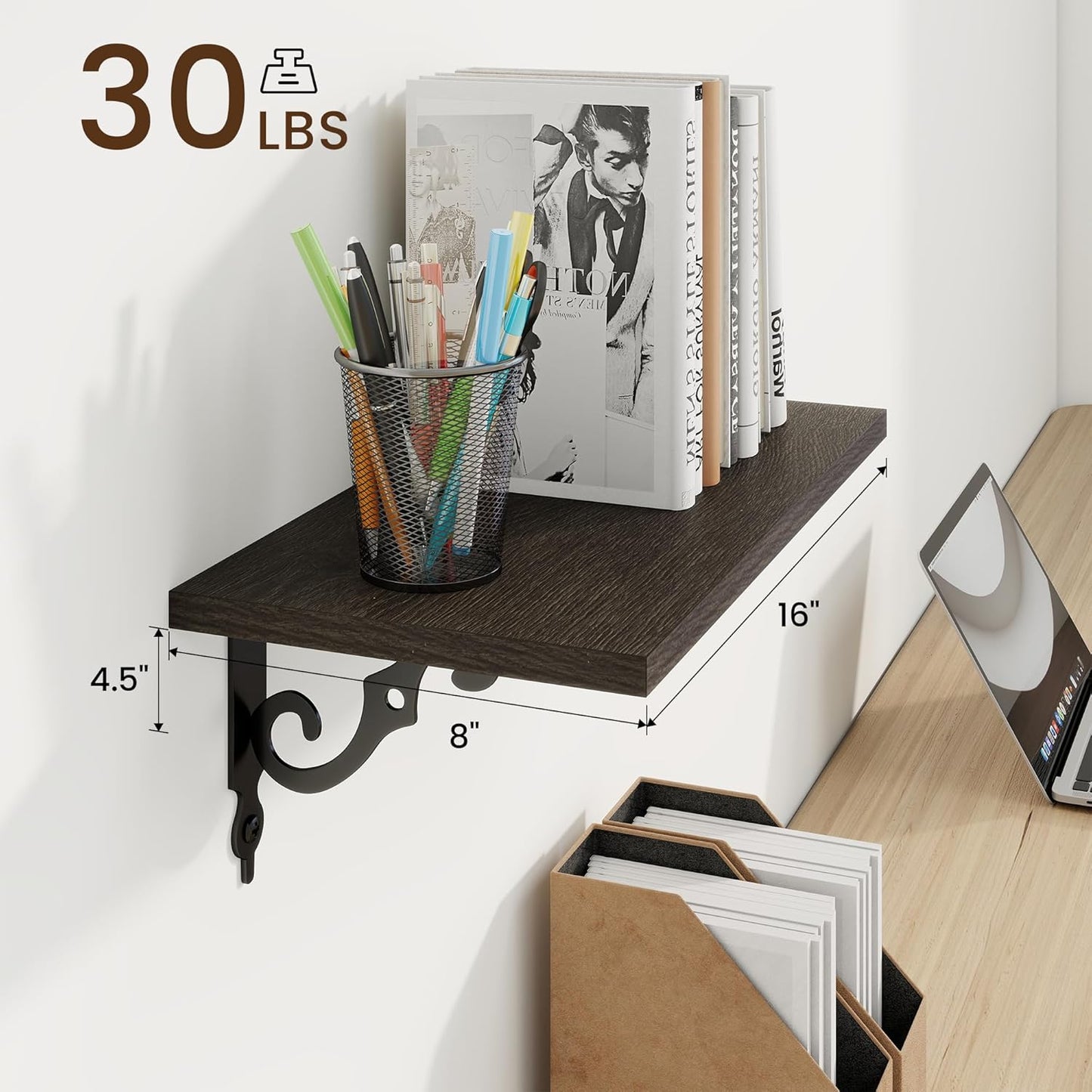 RICHFOCUS Floating Shelves for Wall Decor, 8 Inch Deep Wall Shelves Set of 2, 16W x 8D Black Floating Shelves Wall Mounted with Metal Brackets, Rustic Wood Shelves for Living Room Bedroom Kitchen