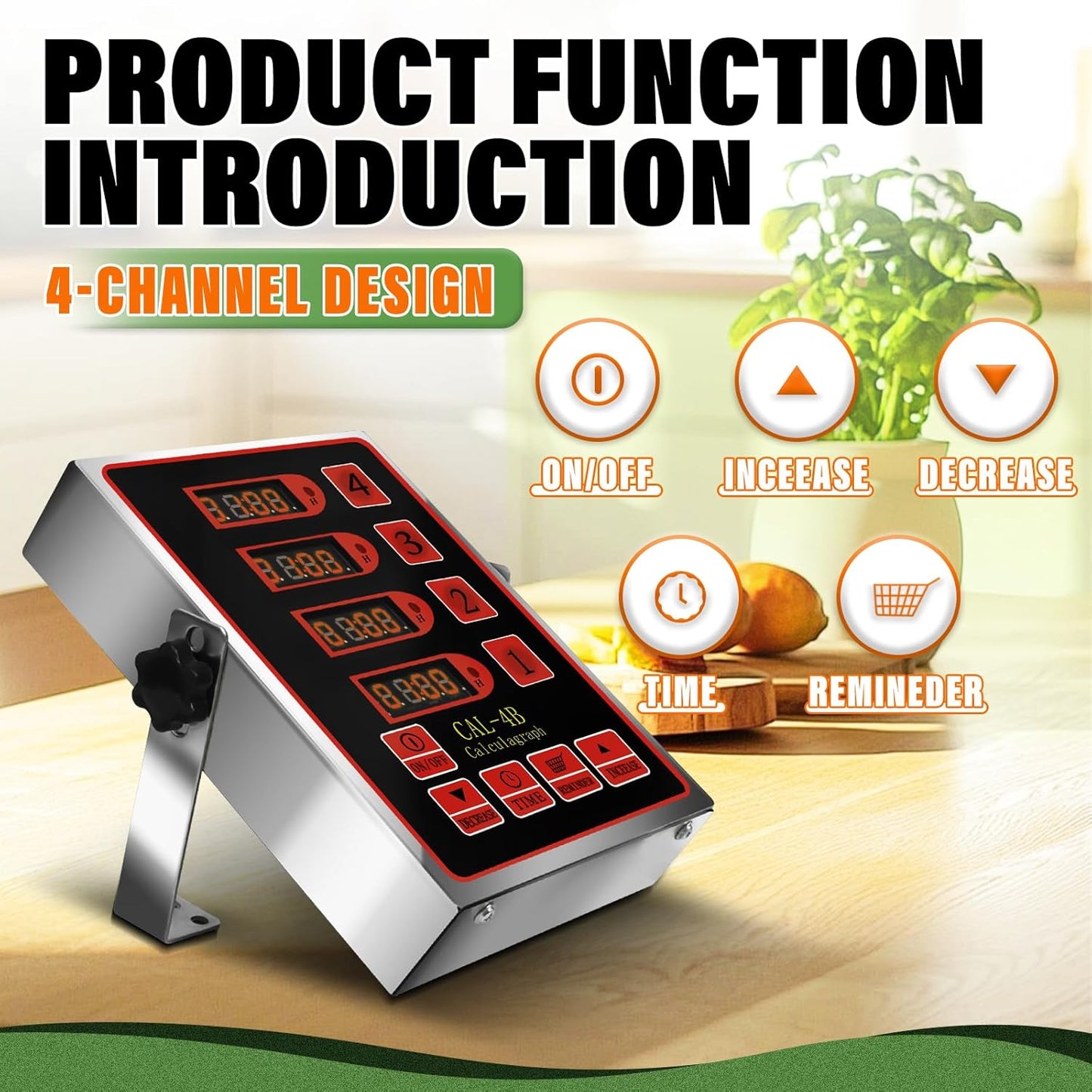 4 Channel Kitchen Timer – Cordless Timers for Cooking with Audio Alerts – Stainless Steel LED Digital Timer for Commercial Restaurants Home Kitchen Black