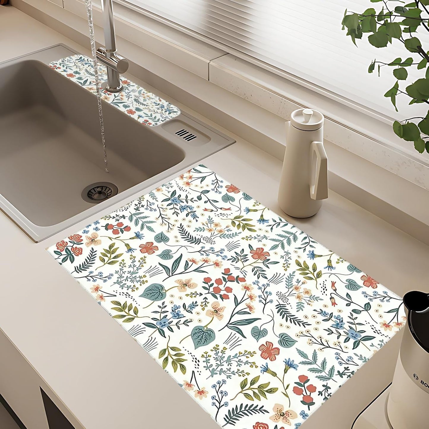 2Pcs Dish Drying Mats Faucet Mats Sets Large Size Coffee Mats Sink Faucet Mat Splash Guard for Kitchen Counter Bathroom Sink Coffee Bar Kitchen Decor (Wildflowers 1, 18"x24" 15" x 5.5"Set)