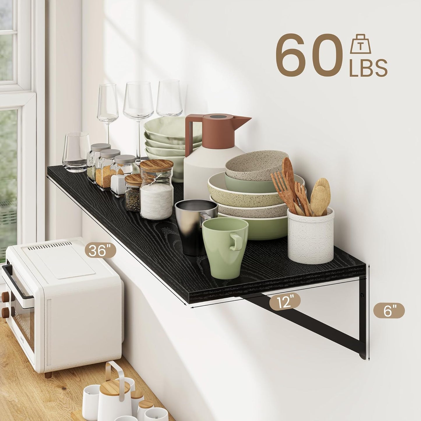 Dreamland Wall Shelves Black, Large Floating Shelf 12 * 36 inch Set of 2 Wall Shelves for Dorm, Bookshelf, Living Room, Bedroom, Bathroom