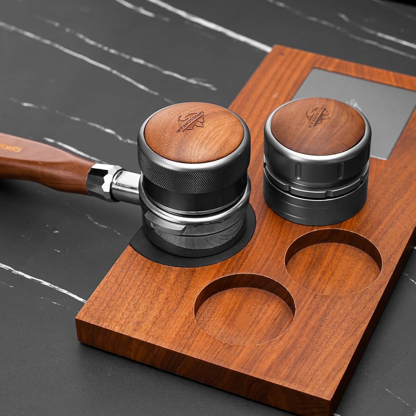 Espresso Portafilter | 58mm Bottomless Portafilter with 2 Ear and Walnut Handle | Fits 58mm La Marzocco Espresso Machine | with Removable Stainless Steel Basket | Espresso Accessories