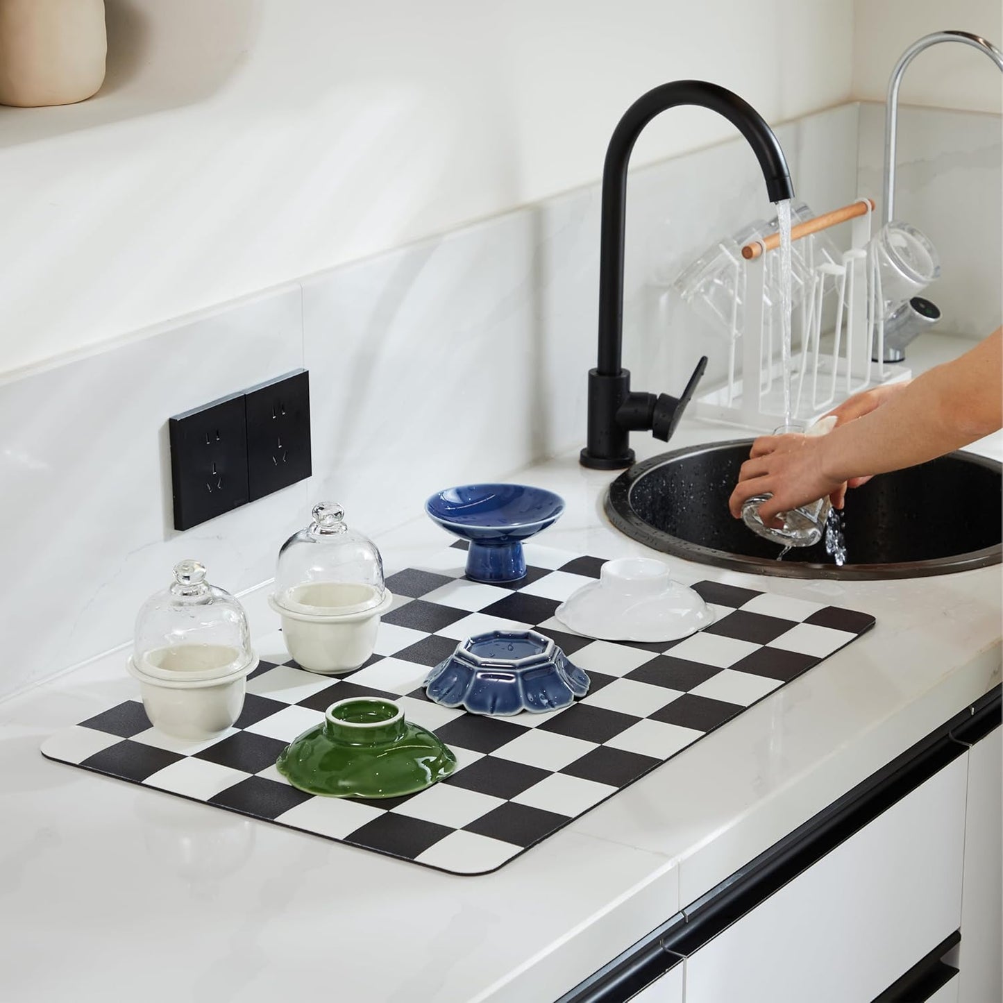 Checkered Dish Drying Mat for Kitchen Counter, Coffee Bar Station Accessories, Retro Cute Aesthetic Modern Absorbent Drainer Mat Kitchen Drying Mat Easy Clean, Black 16" x 24"