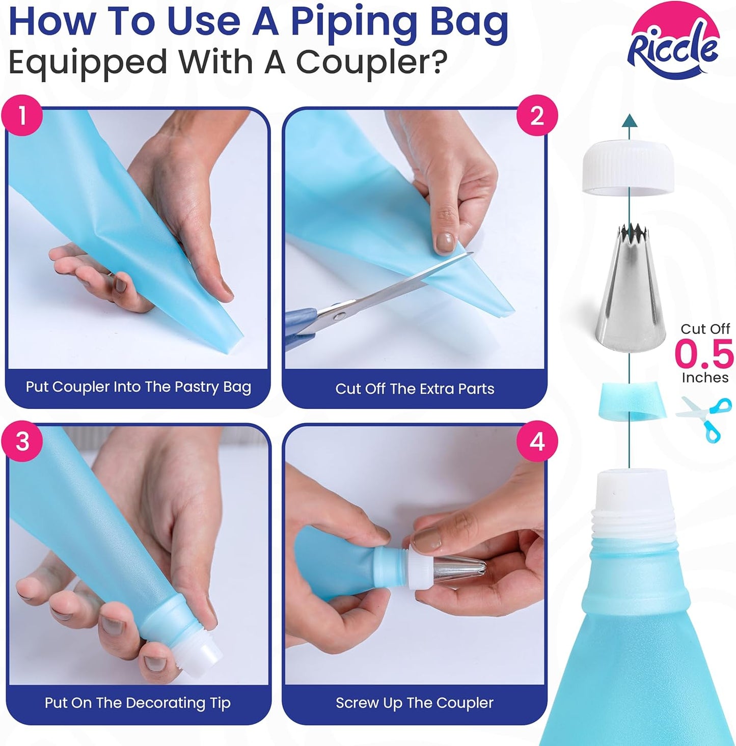 Riccle 88 pcs Cake Decorating Kit with Blue Cake Turntable - Includes 50 Disposable + 2 Reusable Piping Bags and Tips Set, 24 Icing Piping Tips, 2 Spatulas, 3 Icing Comb Scraper (Black)