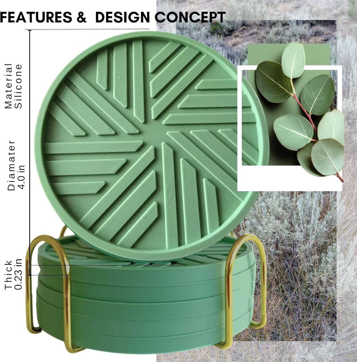 Silicone Coasters Set of 6 with Holder - Unique and Modern Pattern for Coffee Table Decor, Help to Prevents Liquid Dripping with ridges Design Durable and Aesthetic - Sage Green