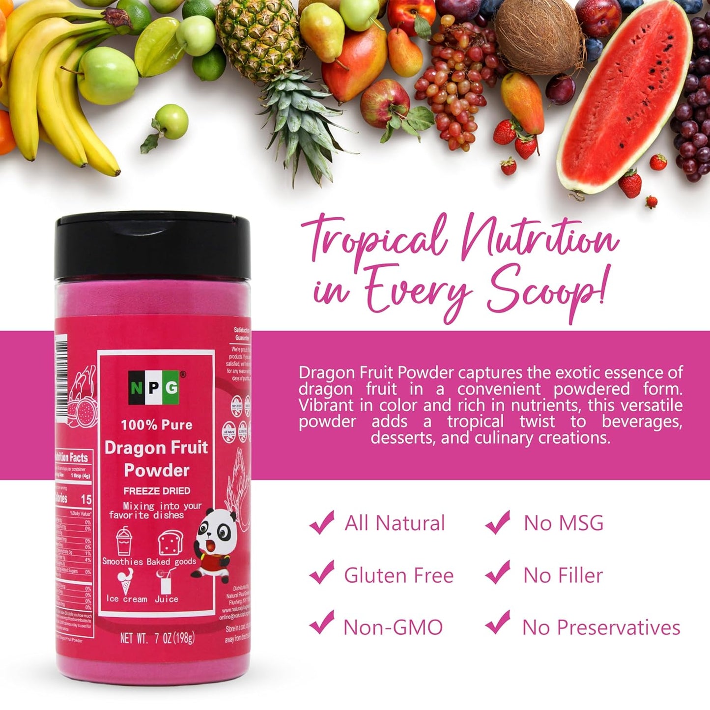 NPG Freeze Dried Red Dragon Fruit Powder 7 Oz, Seedless Fine Powder for Food Coloring, Baking, Smoothies, Drinks, Ice Cream, Cocktails, Vegan, Non-GMO, No Added Sugar