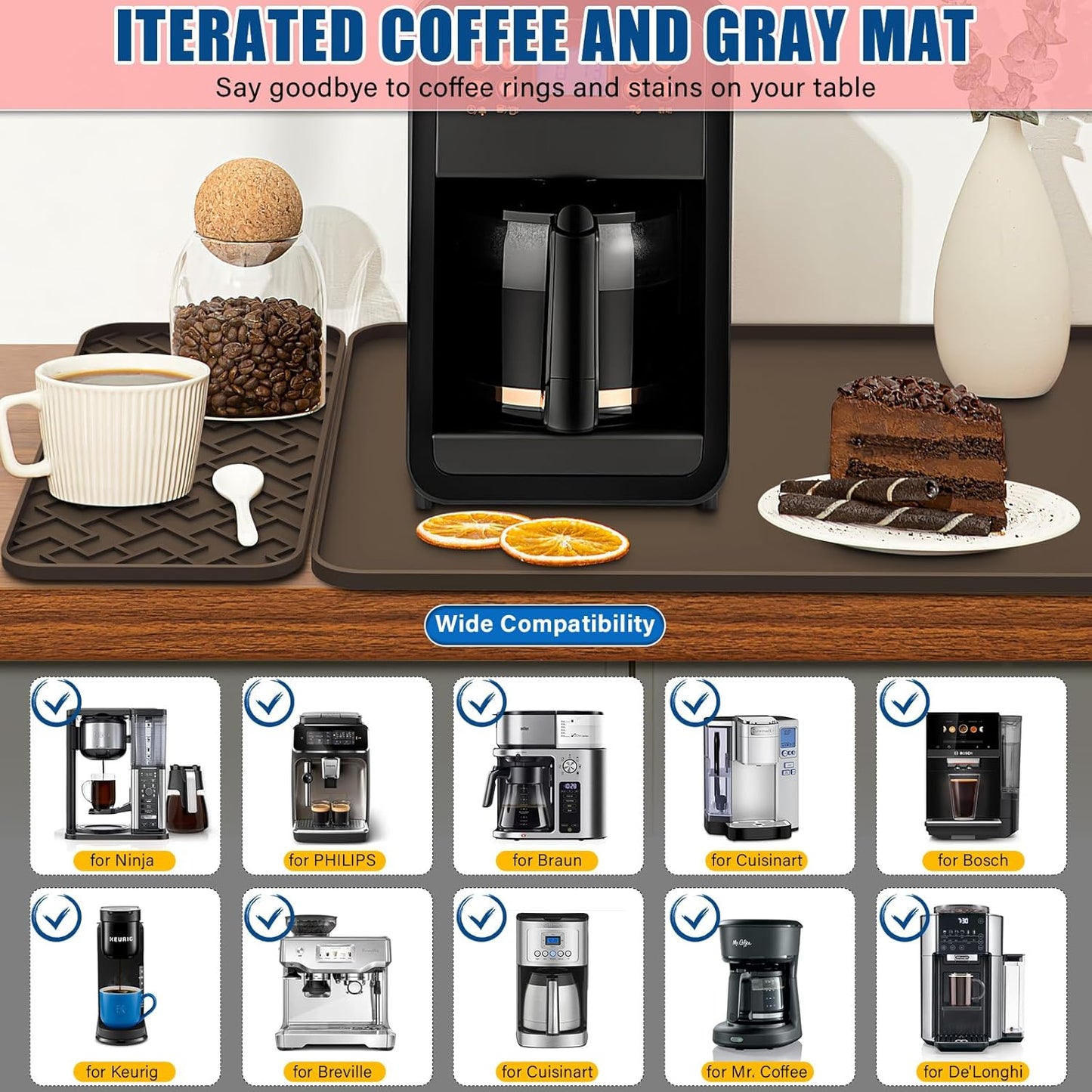 Silicone Coffee Mat - Removable Bar Mat with Concave and Convex Design, Leak-Proof and Non-Slip, Suitable for Use Under the Coffee Machine to Keep the Countertop Clean (brown19"x12")