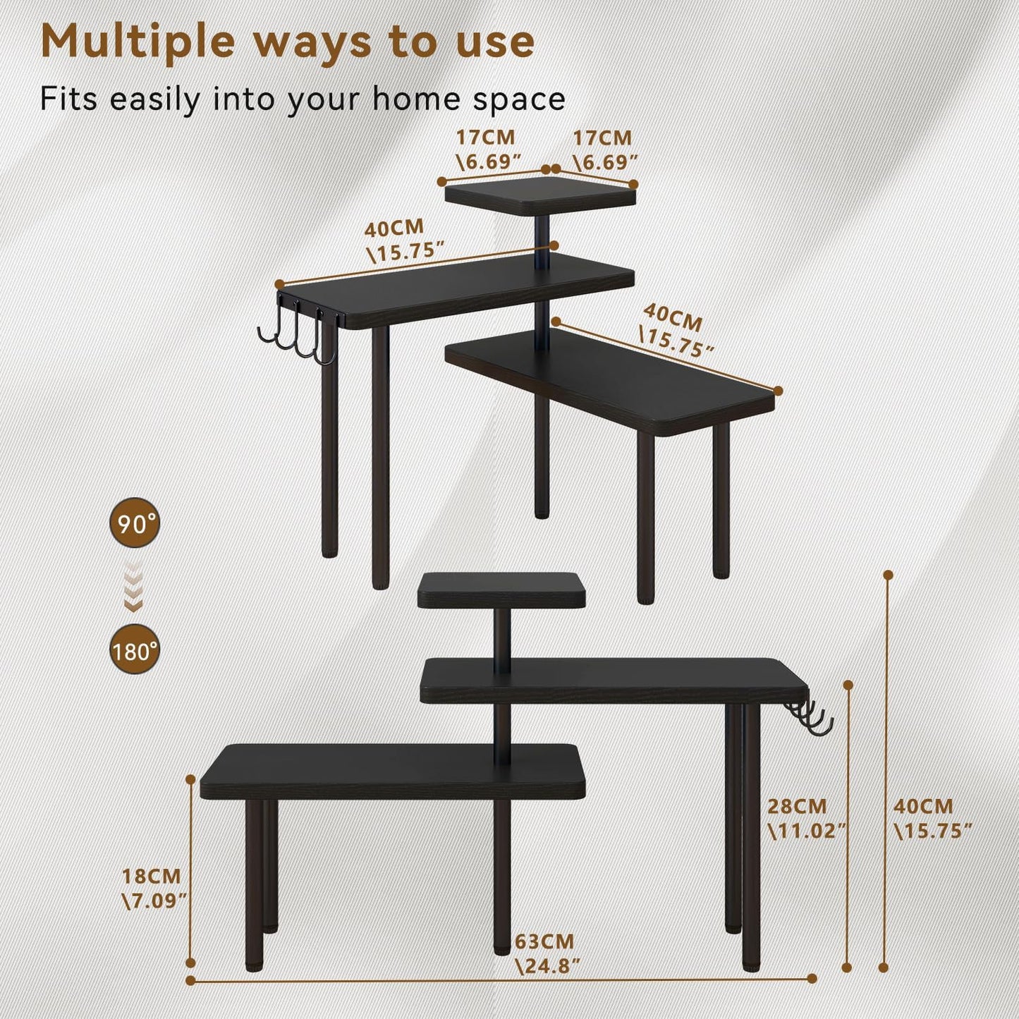 IBUYKE Countertop Organizer,3-Tier Spice Racks,Kitchen Counter Corner Shelf,4 Side Hooks,Adjustable Countertop Shelf for Kitchen, Bathroom, Coffee Bar, Cabinet, Desk,Black,TLJ023B