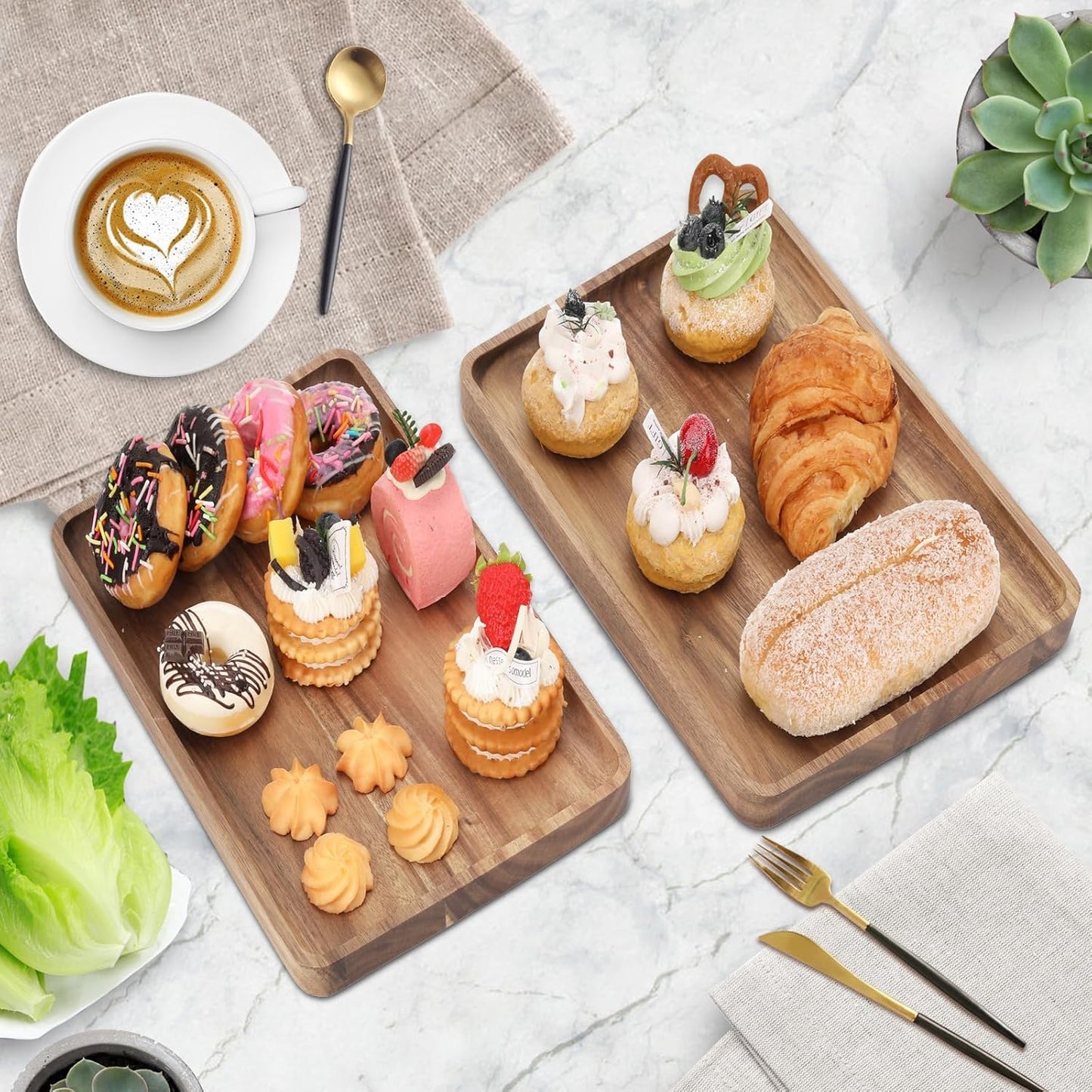 2 PCS Solid Acacia Wood Serving Trays 13 * 9 inch Rectangular Wooden Serving Platters Natural Wooden Boards for Bar Coffee Party（Wood Log Color）