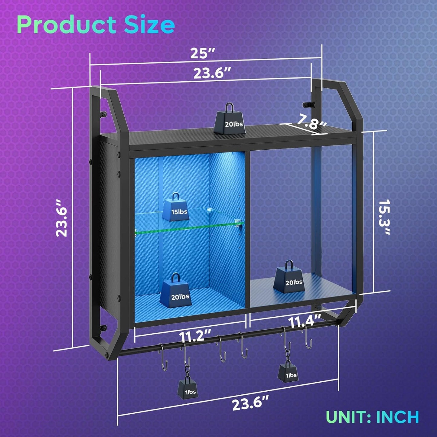 Bestier 25" LED Gaming Floating Shelves for Wall, Wall Mounted Shelf Pipe Adjustable Glass Shelves, Hanging Display Rack with 6 S-Hooks Towel Bar, Gaming Room Decor Shelf, Carbon Fiber Black