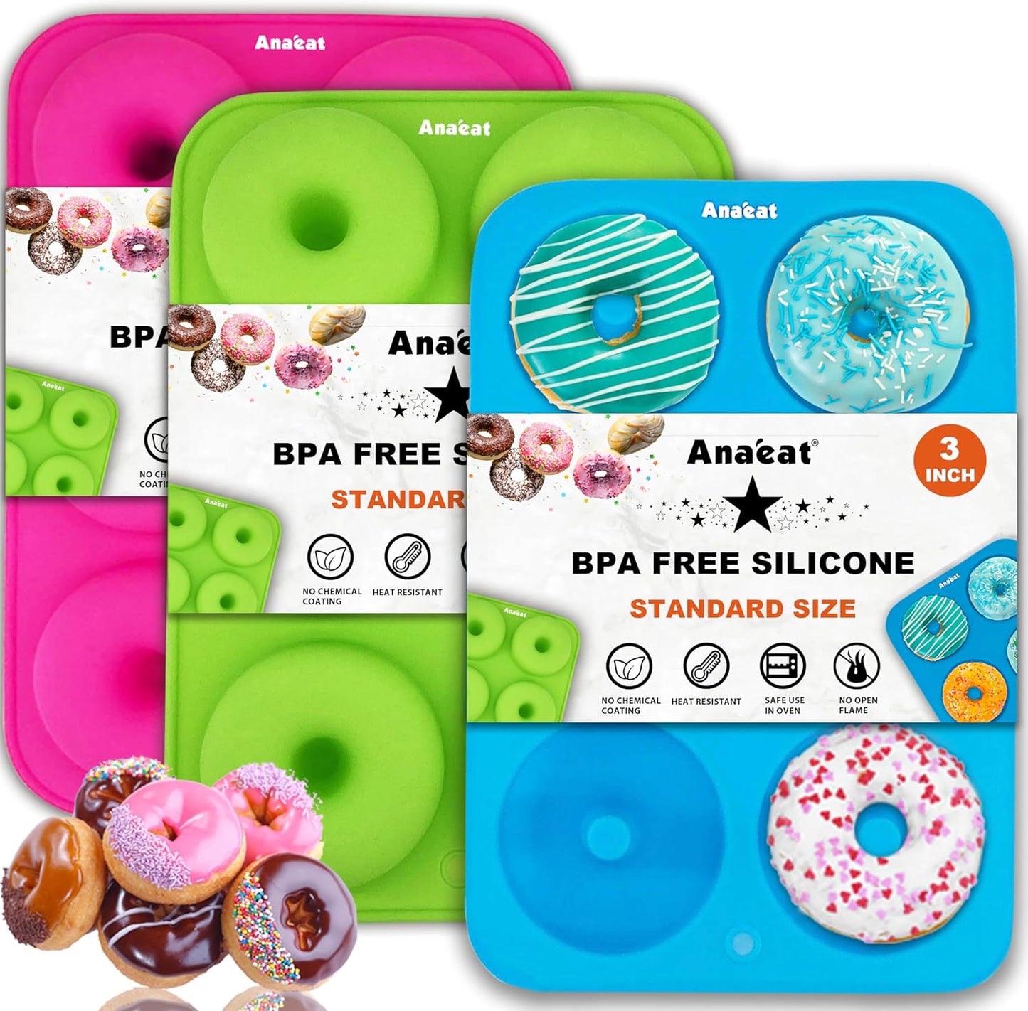 Anaeat 3 Pack Donut Pan Silicone Baking Mold, Just Pop Out! Non-Stick Doughnuts Baking Pans BPA Free for 6 Full-Size Donuts, Muffin, Cake Biscuit Bagels - Oven & Dishwasher Safe (Multicolor)