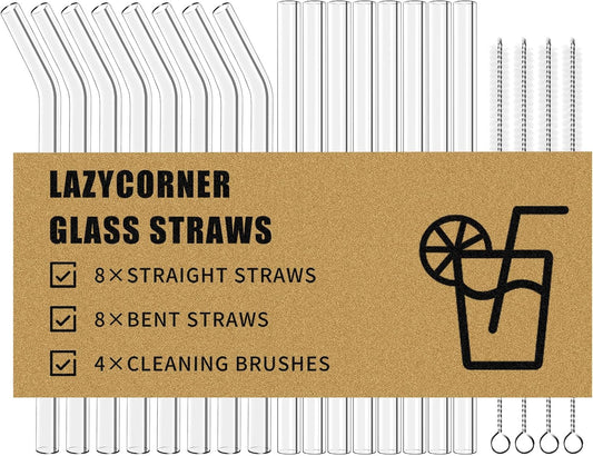 Lazycorner Reusable Glass Straws Set 16 Pcs 8.5''x 10MM Bent Straight Clear Glass Drinking Straws Set of 8 Straight and 8 Bent with 4 Cleaning Brushes Perfect For Smoothies, Tea, Juice-Clear Cocktail.