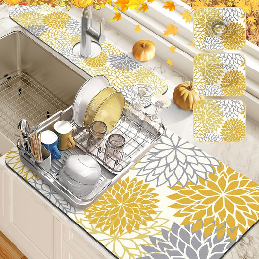 Findosom 2PCS 16" x 24" Fall Dish Drying Mat & 24" x 5.5" Sink Splash Guard, Super Absorbent & Cuttable Dish Mat Drying Kitchen Mat with Yellow Floral, Hide Stain Drying Mat for Kitchen Counter