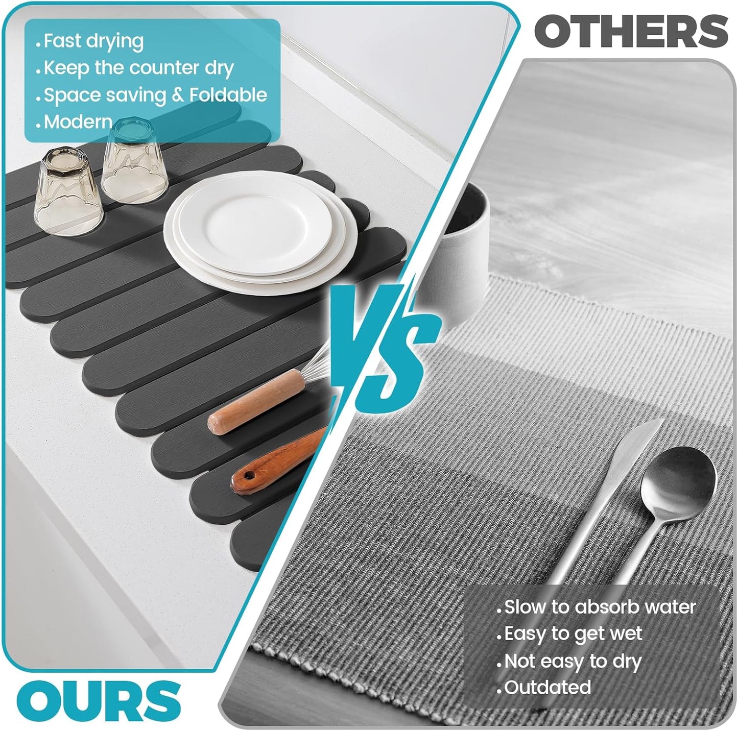 Extral Large Quick Dry Stone Drying Mat for Kitchen Counter,24"(L)x16"(W) Collapsible Eco-Friendly Absorbent Diatomaceous Earth Mat for Dishes Cups,Dish Drying Mats (Deep gray-Ellipse, 24x16 inch)