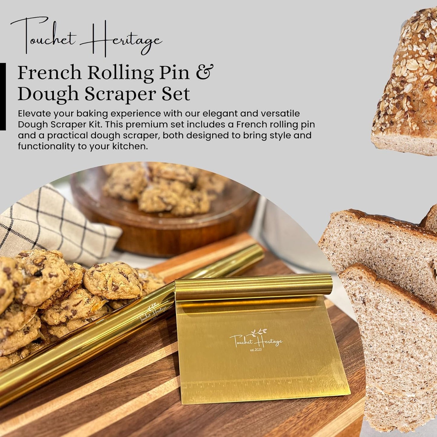 French Rolling Pin and Dough Scraper Set | Gold Bench Scraper Tool | Rolling Pin For Dough | Bread Making Accessories | Metal Bread Dough Cutter | Sourdough Scraper | Rolling Pin for Baking, small