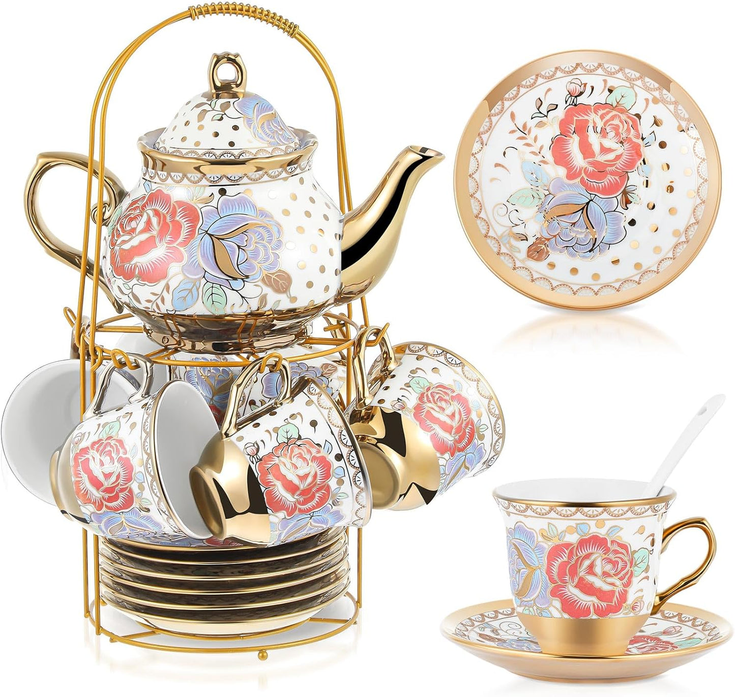 Zhehao 20 Pcs Porcelain Tea Set with Metal Holder and Spoon Adult Ceramic Tea Party Set European Flower Painting Teapot Cup Saucer Spoon Set for Women, Large Version(Romantic Style)