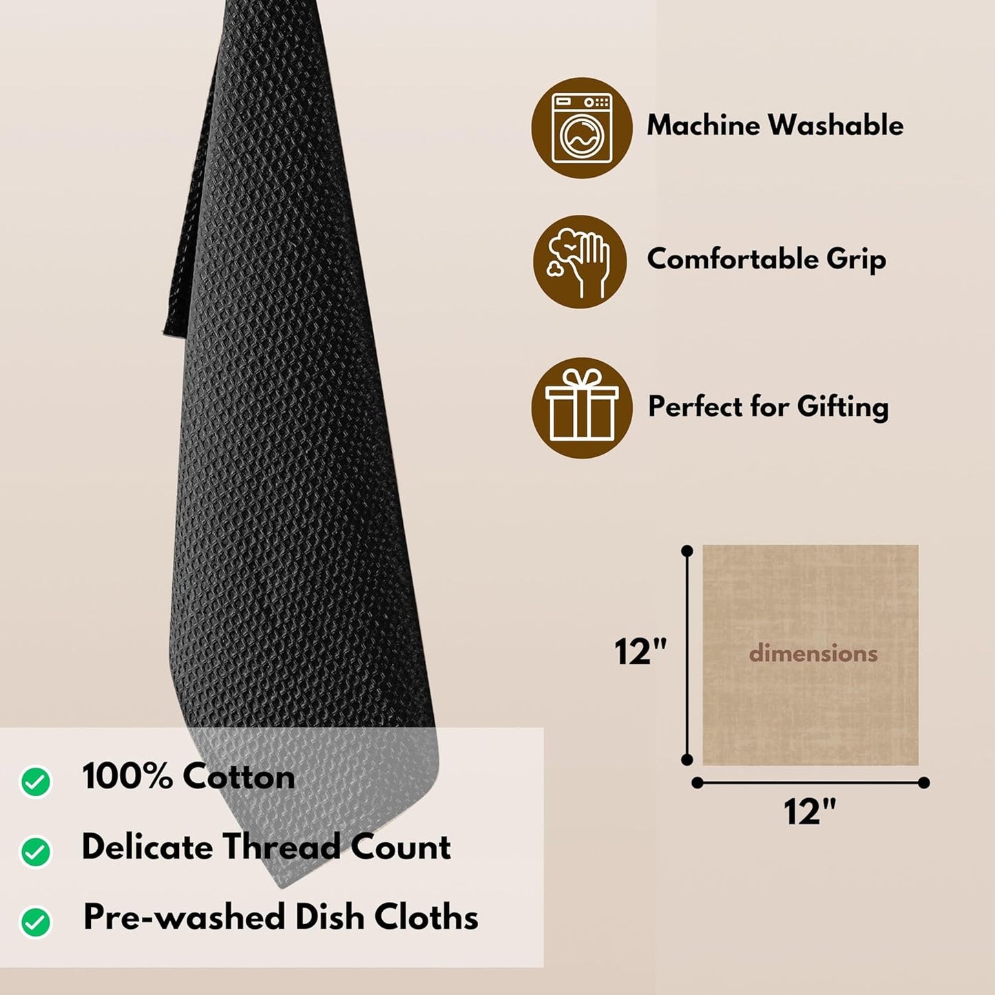 Native Fab 18 Pack Waffle Dish Cloths - 100% Cotton, 12x12 inch, Absorbent, Quick Drying, Washable Towels for Cleaning, Cooking & Baking - Perfect for Home, Restaurants, Bars, Multi Use - Black