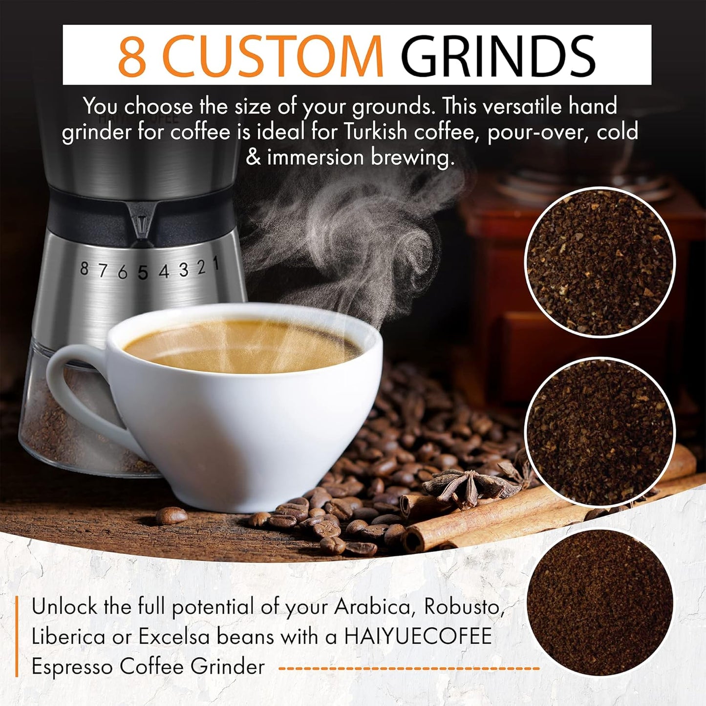 Manual Coffee Grinder with 8 Adjustable Coarseness Settings, Hand Crank Coffee Mill with Ceramic Burr for Espresso Beans, French Press, Pour Over, Drip Coffee – Rustproof, Non-Dulling