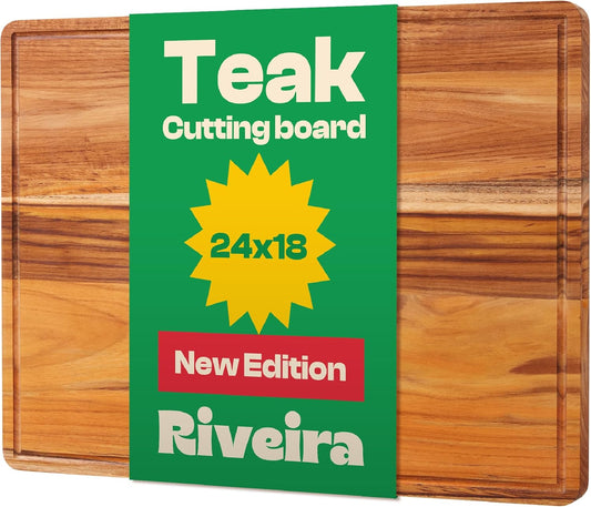 Riveira Teak Wood Cutting Board – Gourmet Teak Grandeur: 24 x 18 Wooden Cutting Board – Natural Wooden Cutting Boards For Kitchen Decorative – Innovative Juice Grooves Teak Wooden Chopping Board